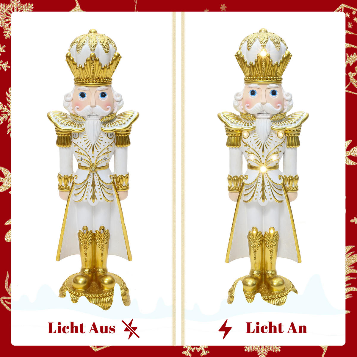 HOMETOPIA Nussknacker Figur 61 cm, Weihnachtsdeko mit 8 LEDs, Timer, MgO - Goldfarben, Naturmaterialien (16/61/19.5cm) - Hometopia