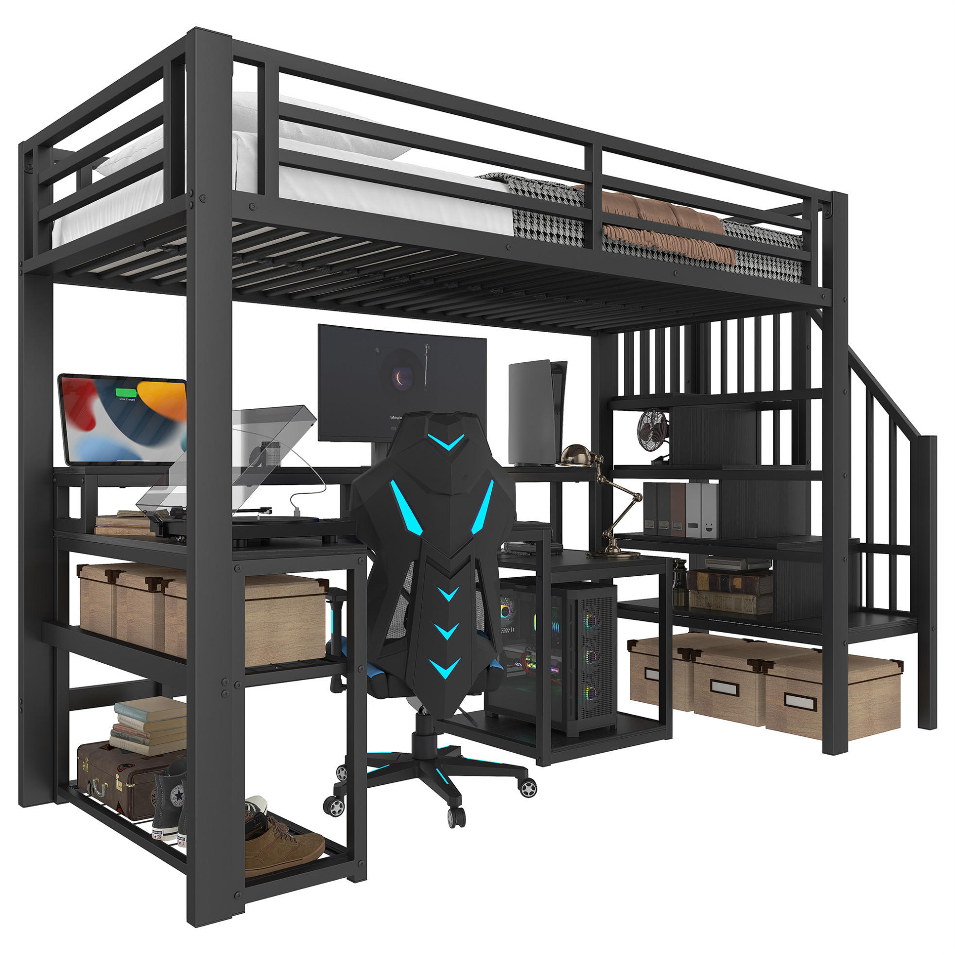 HOCHBETT 90/200 cm Schwarz aus Metall mit Schreibtisch und LED-Lichtleiste - Schwarz, Metall (90/200cm) - OKMYHOME