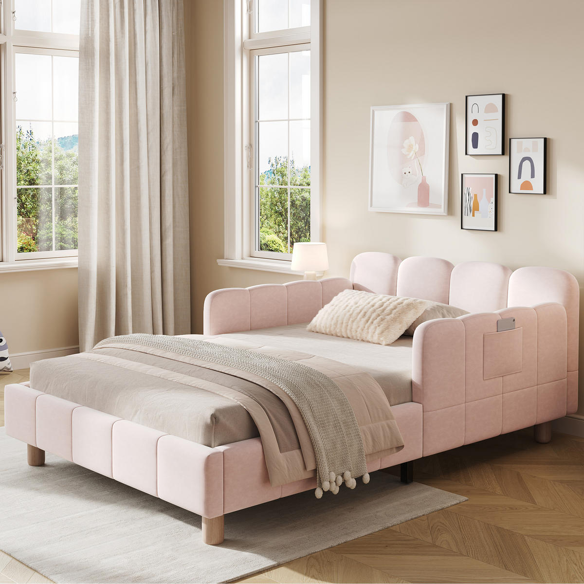 KINDERBETT 90/200 cm in Pink Samt mit Taschen und Armlehnen - Rosa/Naturfarben, Holzwerkstoff/Textil (90/200cm) - STILVORA