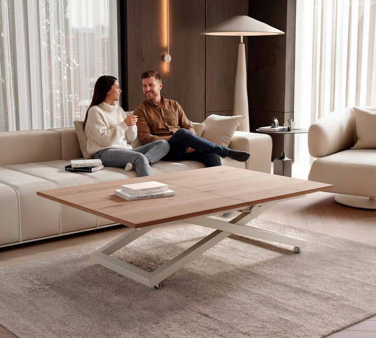 COUCHTISCH ARIA 120-160/80 cm, Höhenverstellbar, Kaschmir / Trüffelbraun - Kaschmir/Trüffeleichefarben, Holzwerkstoff/Metall (120/80/38cm) - Idohome