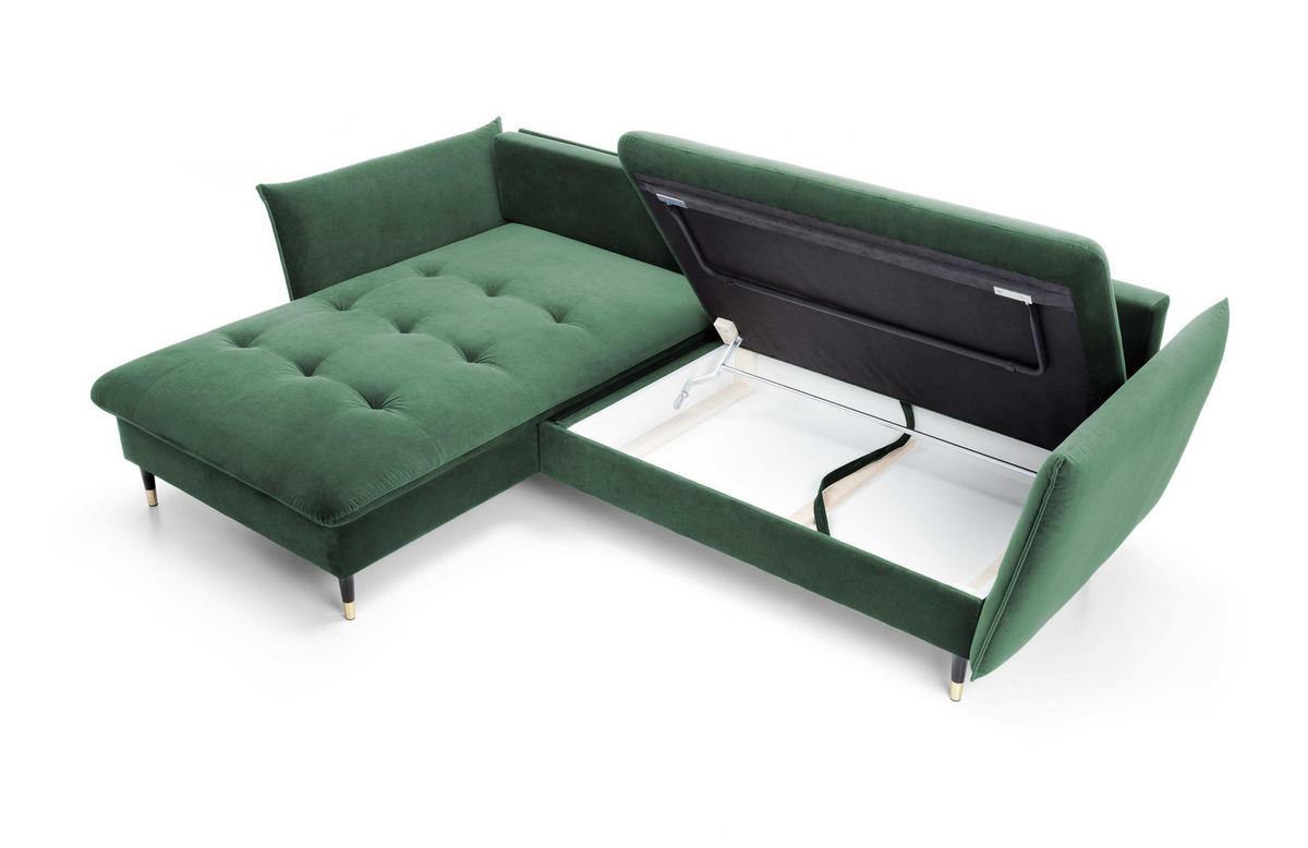 ECKSOFA GLAM mit Schlaffunktion, Ottomane & goldenen Füßen – Samtsofa im Glamour-Stil mit Zierkissen, 258x167x91cm, Linke, GRÜN - Grün, Holz/Textil (167/258cm) - DomoHome
