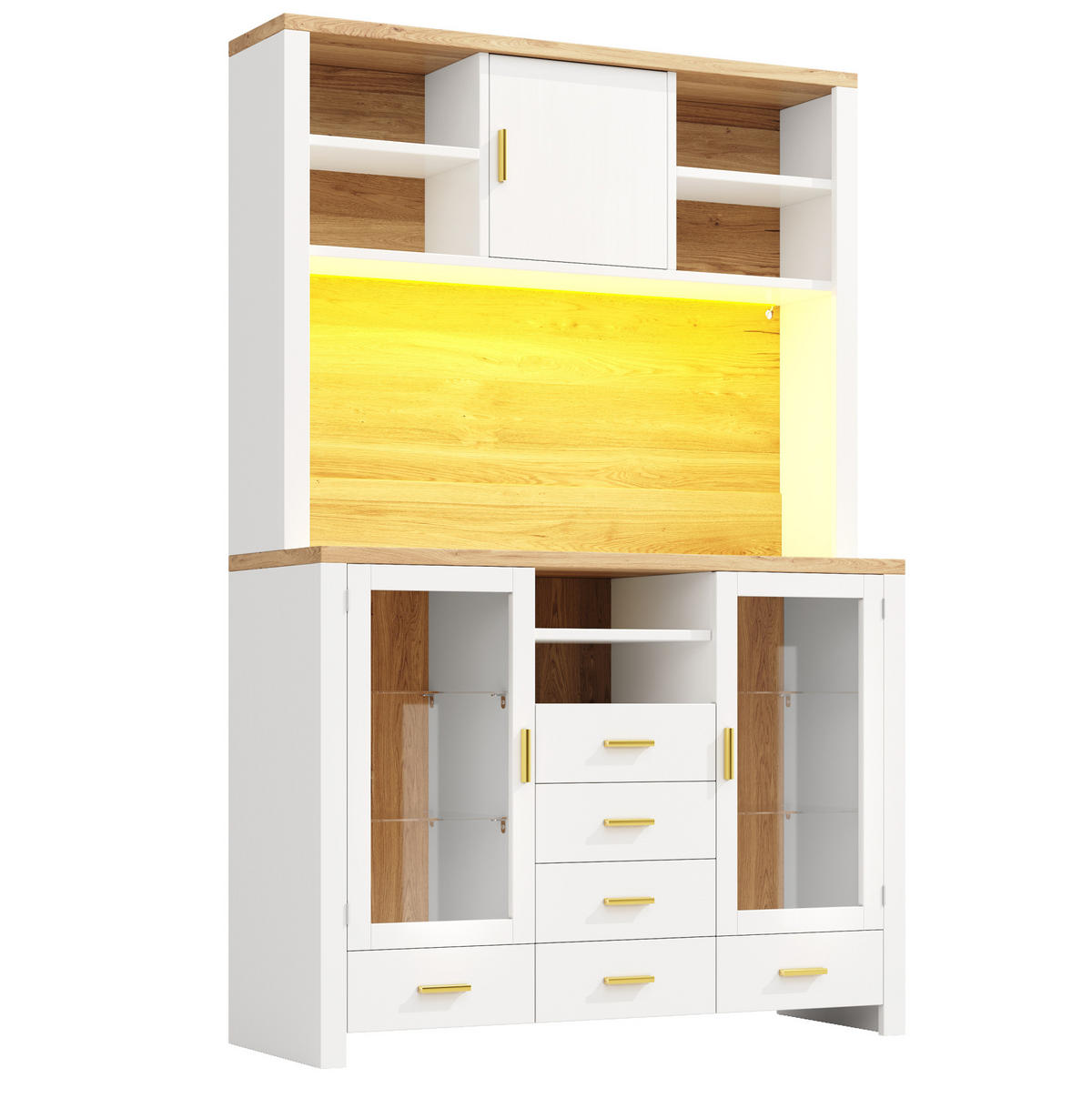 BUFFET 120/180/40 cm Weiß mit Holzdekor aus MDF und Glas mit LED-Lichtleiste - Weiß, Holzwerkstoff (40/188/120cm) - OKMYHOME