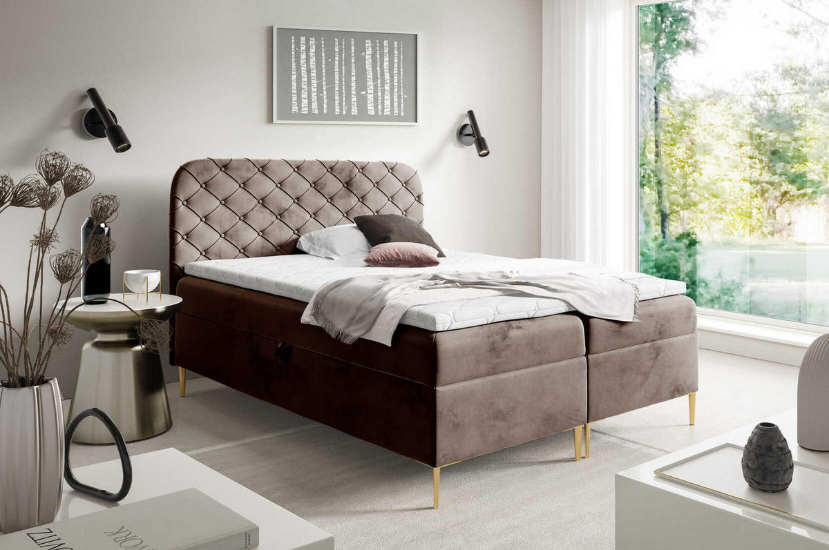 BOXSPRINGBETT 180x200 Elara, Chesterfield, 15 cm Beine, Matratze, Braun - Braun, Holz/Textil (180/200cm) - Emporius