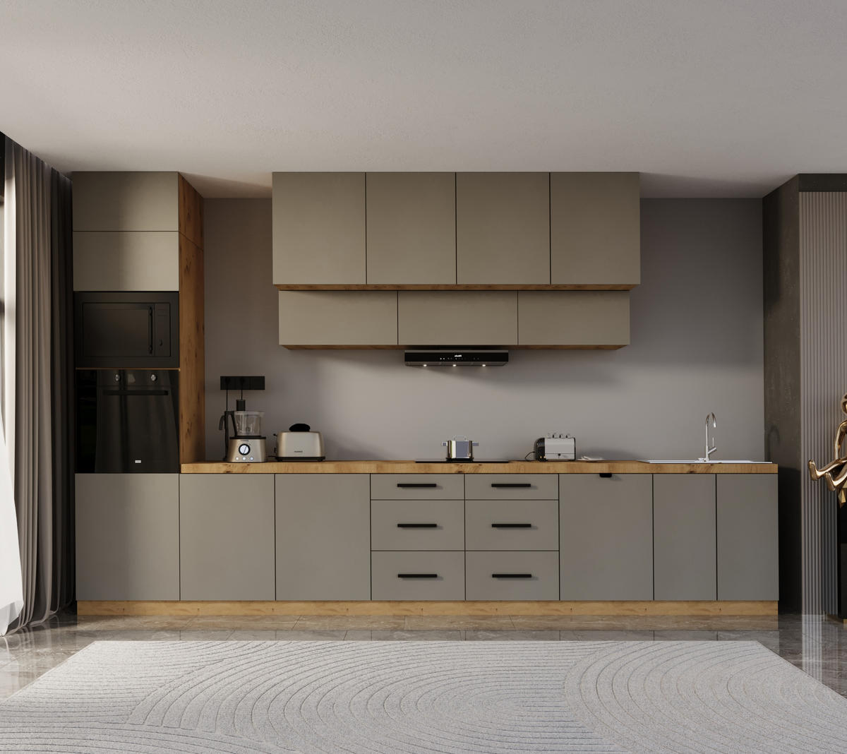 KÜCHENZEILE 440 cm - Langen KL8-M440 in Beige/Matt - Beige/Schwarz, Holz/Metall (440/248/58cm)