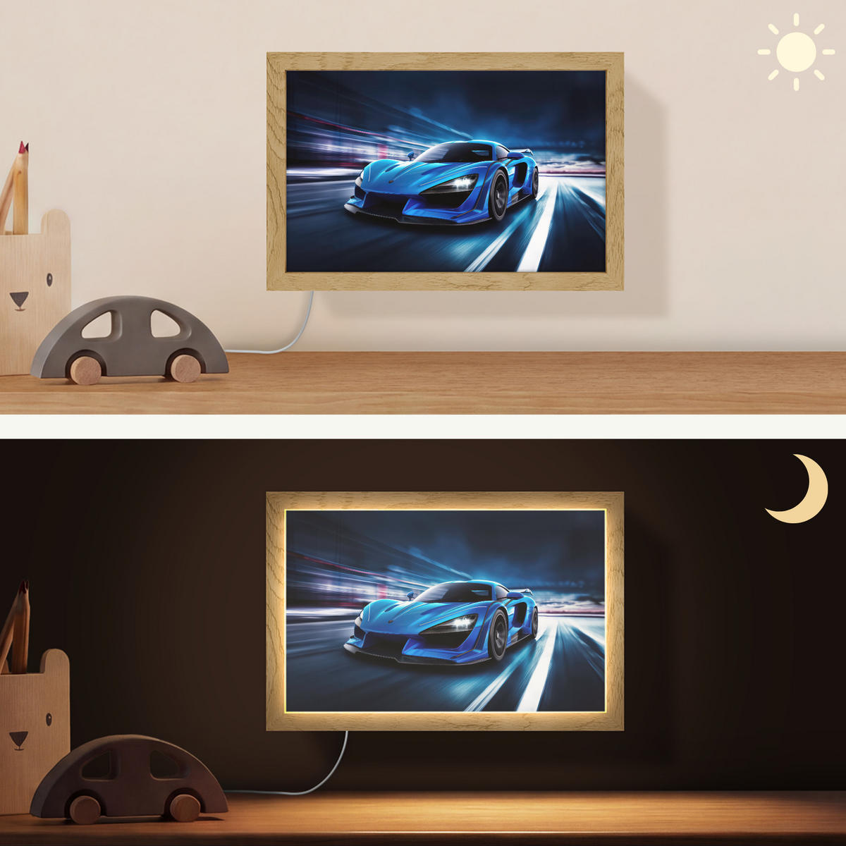 NÁSTĚNNÁ LAMPA Auto - Modrá - Chlapci - Dítě 30x20 cm - modrá, kompozitní dřevo (30/20/8cm) - OnlyWow