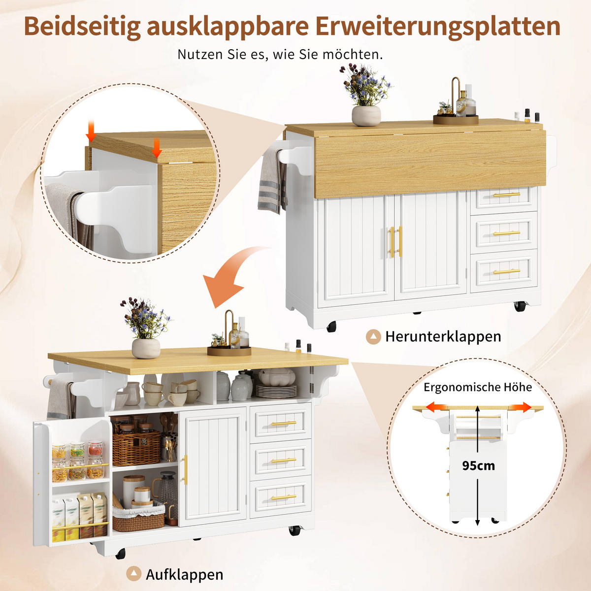 KÜCHENINSEL DE-38361 120/197 cm ausklappbar mit 3 Schubladen Weiß - Weiß, Holzwerkstoff (120/95/40cm) - ComfortXL