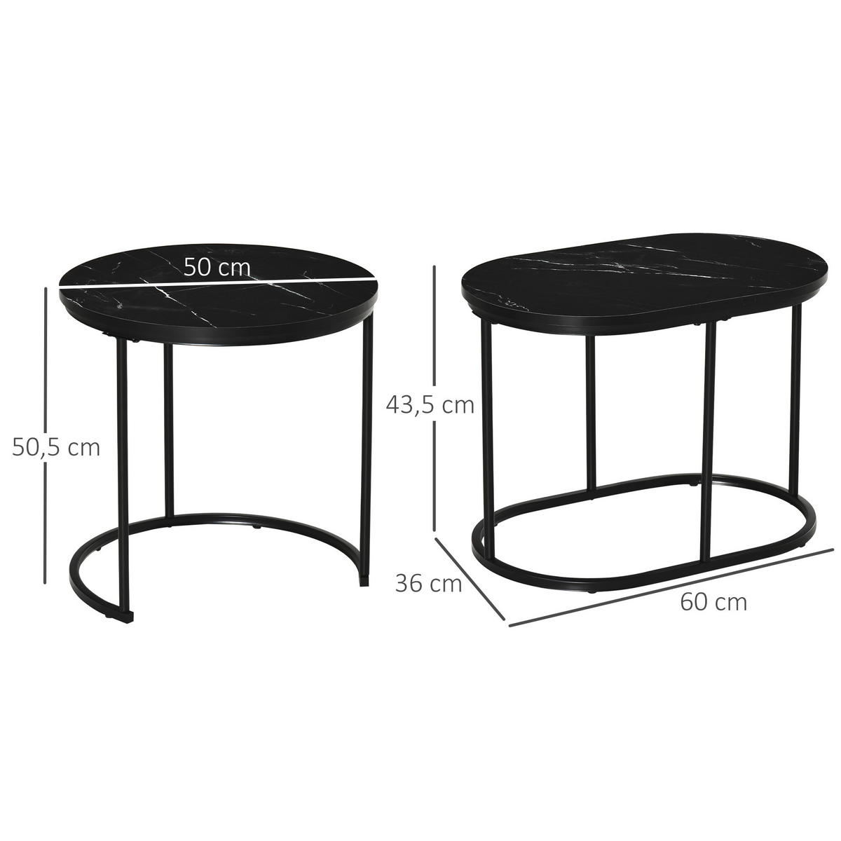 2ER Set Couchtisch Satztisch Rund mit Faux Marmor Seite bis 30 kg Stahl Schwarz - Schwarz, Holzwerkstoff/Metall (50/50/50.5cm) - HOMCOM