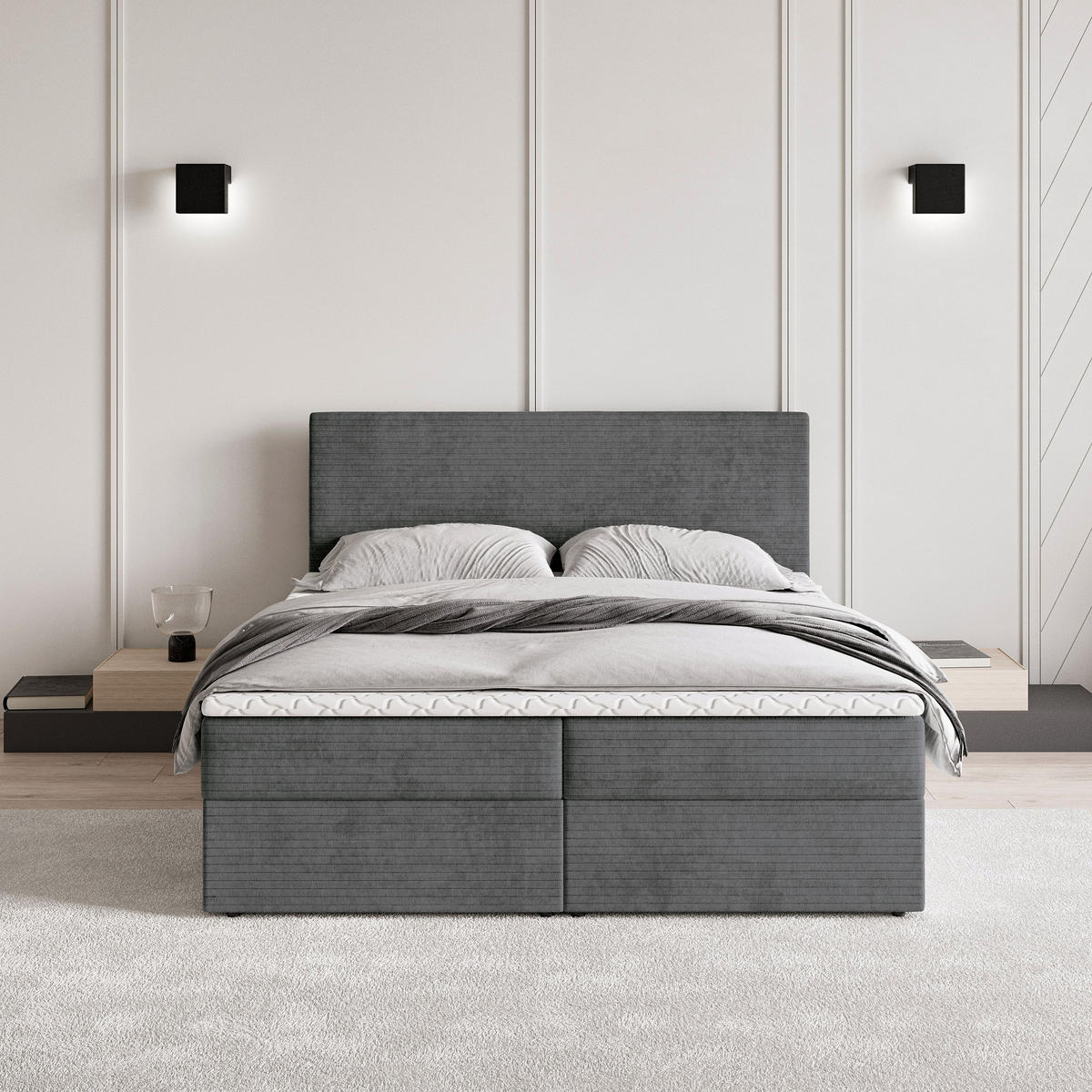 BOXBETT NIRA 160x200 cm mit Matratze und Topper - Grau - Grau, Holz (160/200cm) - MASSENO