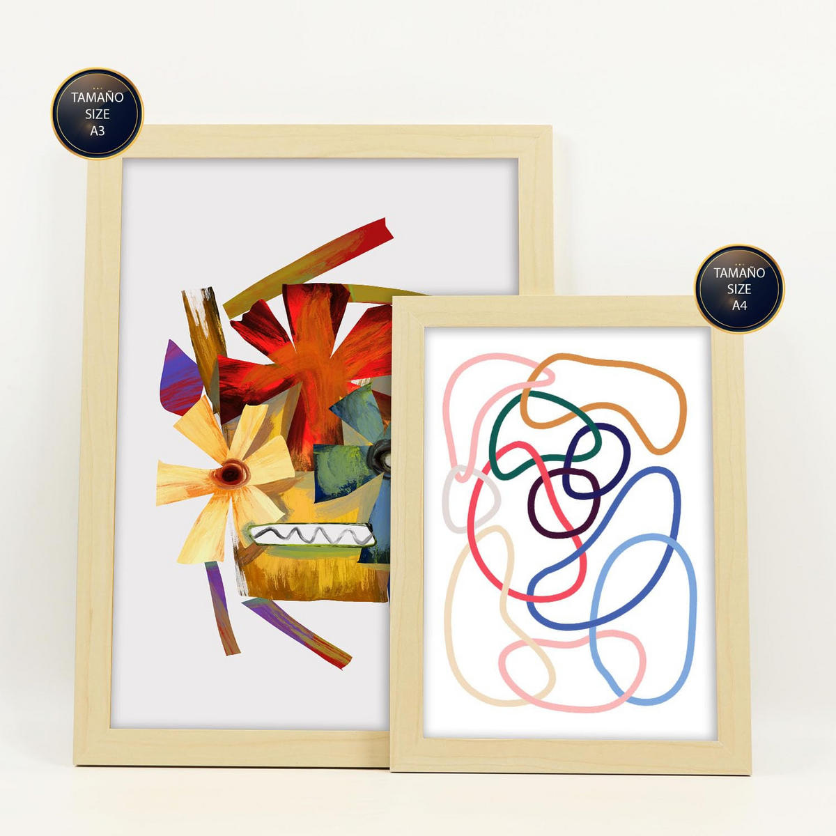 POSTER Set Mit 6 Handte Kunst In Blume Zusammenfassung Ästhetische Dekorative Gemälde Für Ihr Wohnzimmer Zuhause A3 & A4 Rahmen Aus Hellem Holz - Beige, Papier (29/3cm) - Nacnic