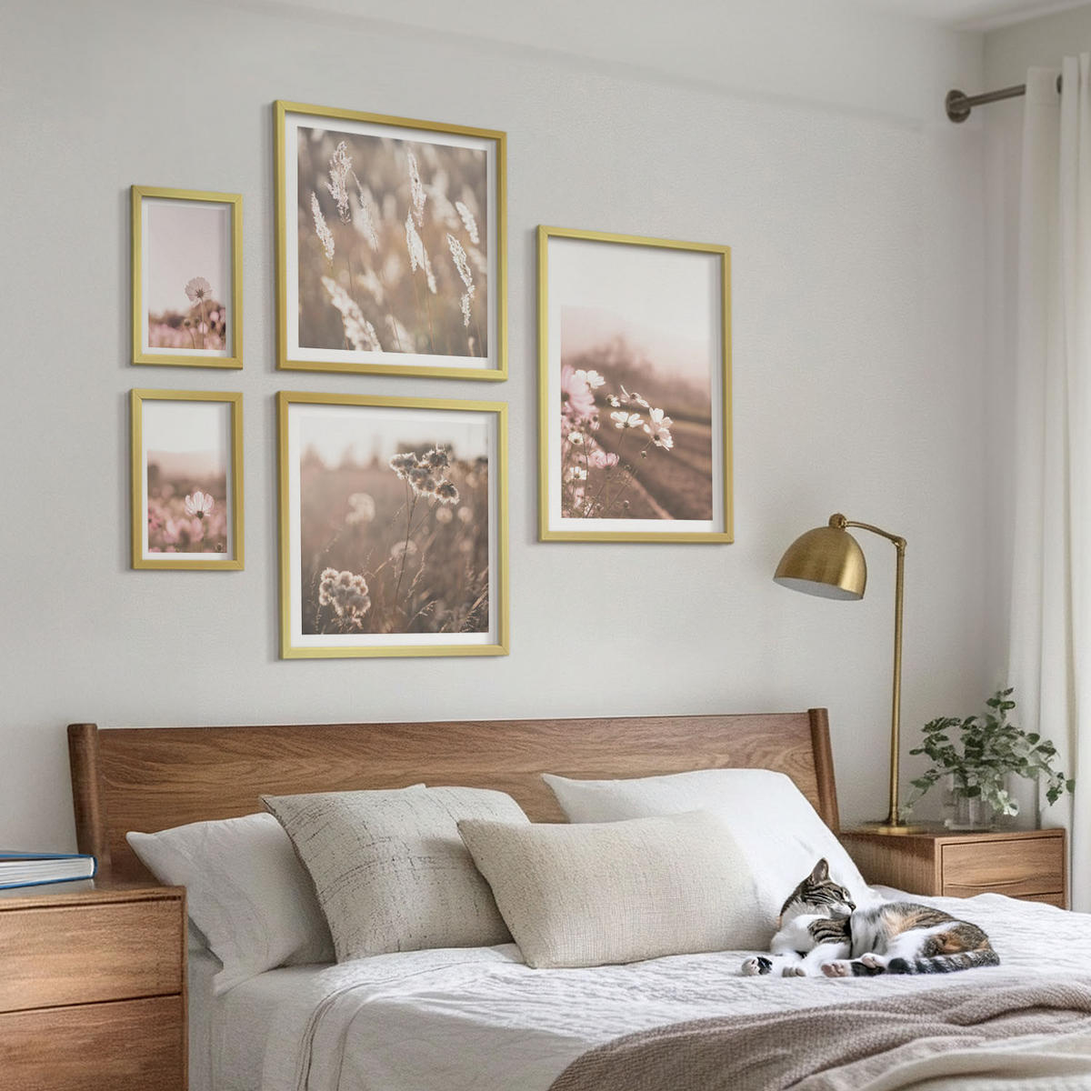 WANDBILDER 5er Set - 50x50 cm & 20x30 cm & 40x60 cm Goldrahmen - Wildblumen auf den Wiesen im Sommer - Goldfarben, Kunststoff (40/60cm) - ArtPrintCave