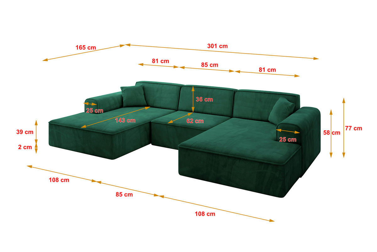 WOHNLANDSCHAFT IREA-U1-v3 - 301x165x77 cm Grün - Dunkelgrün, Holzwerkstoff/Textil (301/77/165cm) - ALTDECOR
