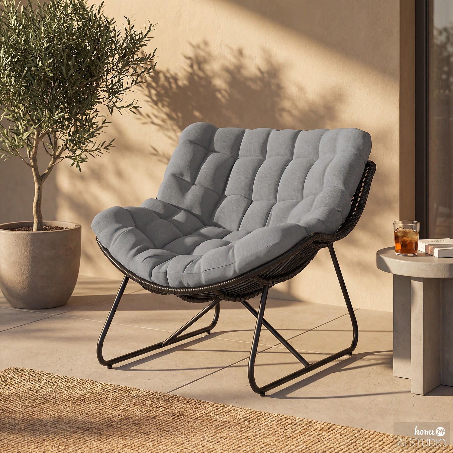 GARTENSESSEL MIT SITZKISSEN - Polyrattan / Polyester - Schwarz/Grau, Kunststoff/Textil (97/84/111cm) - home24