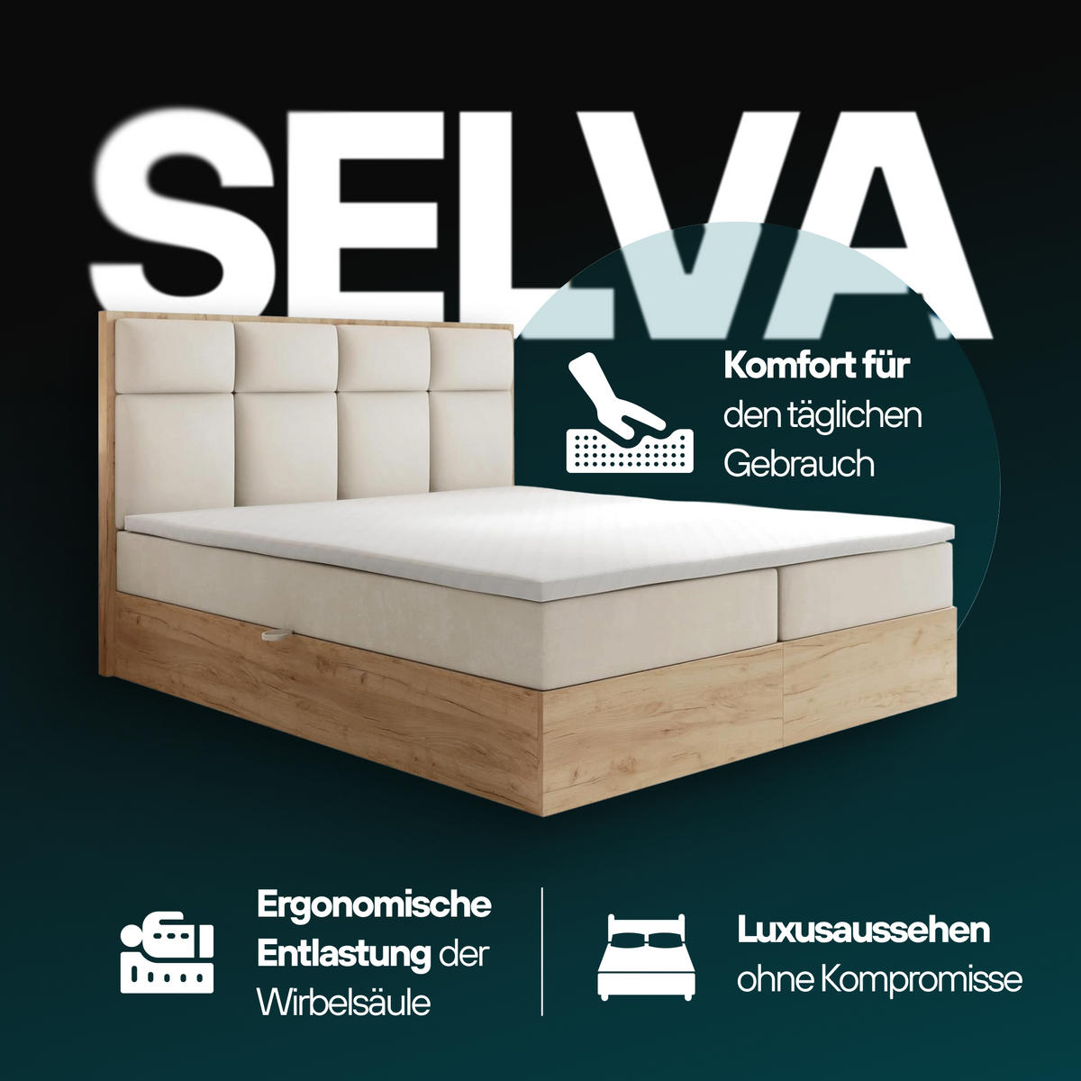 BOXBETT 160 x 200 cm mit Bettkasten und Taschenmatratze H3, SELVA mit Topper 5 cm und Holzelemente, Schwarz - Schwarz, Holzwerkstoff/Kunststoff (160/200cm) - Trada