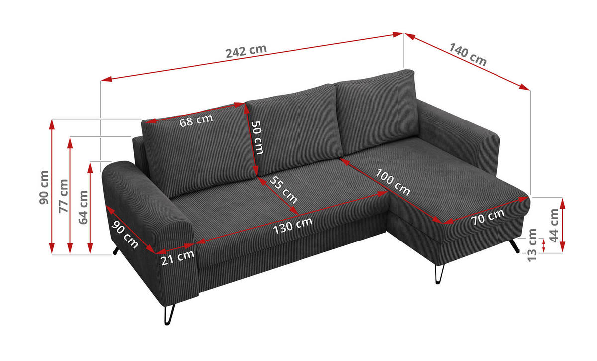 ECKSOFA Hugo Cord Dunkelgrau - Dunkelgrau/Schwarz, Textil/Metall (242/140cm) - MKS