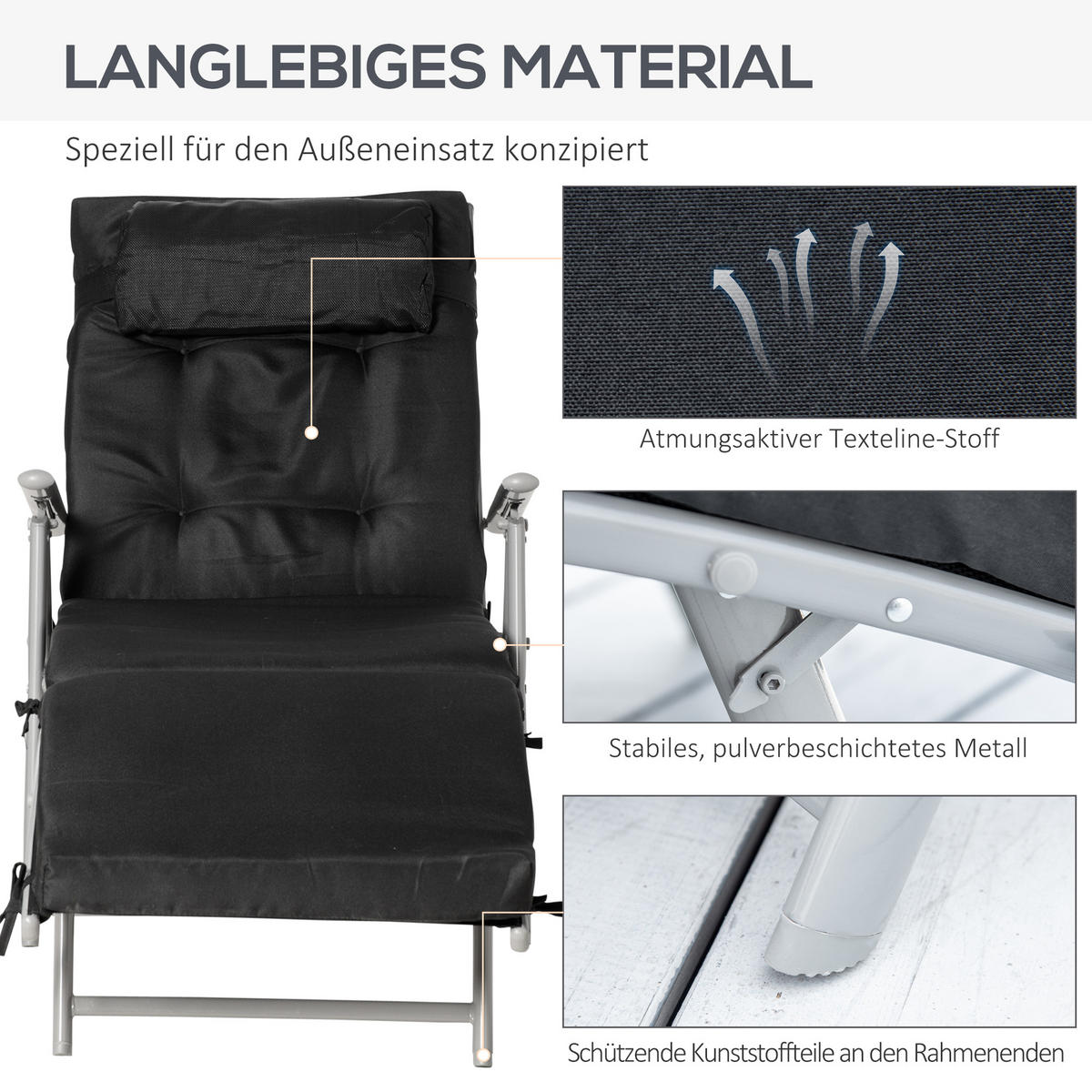 SONNENLIEGE, klappbar mit Kissen, Metall+Stoff, Schwarz, 137 x 63,5 x 100,5 cm - Silberfarben/Schwarz, Metall (63.5/100.5/137cm) - Outsunny