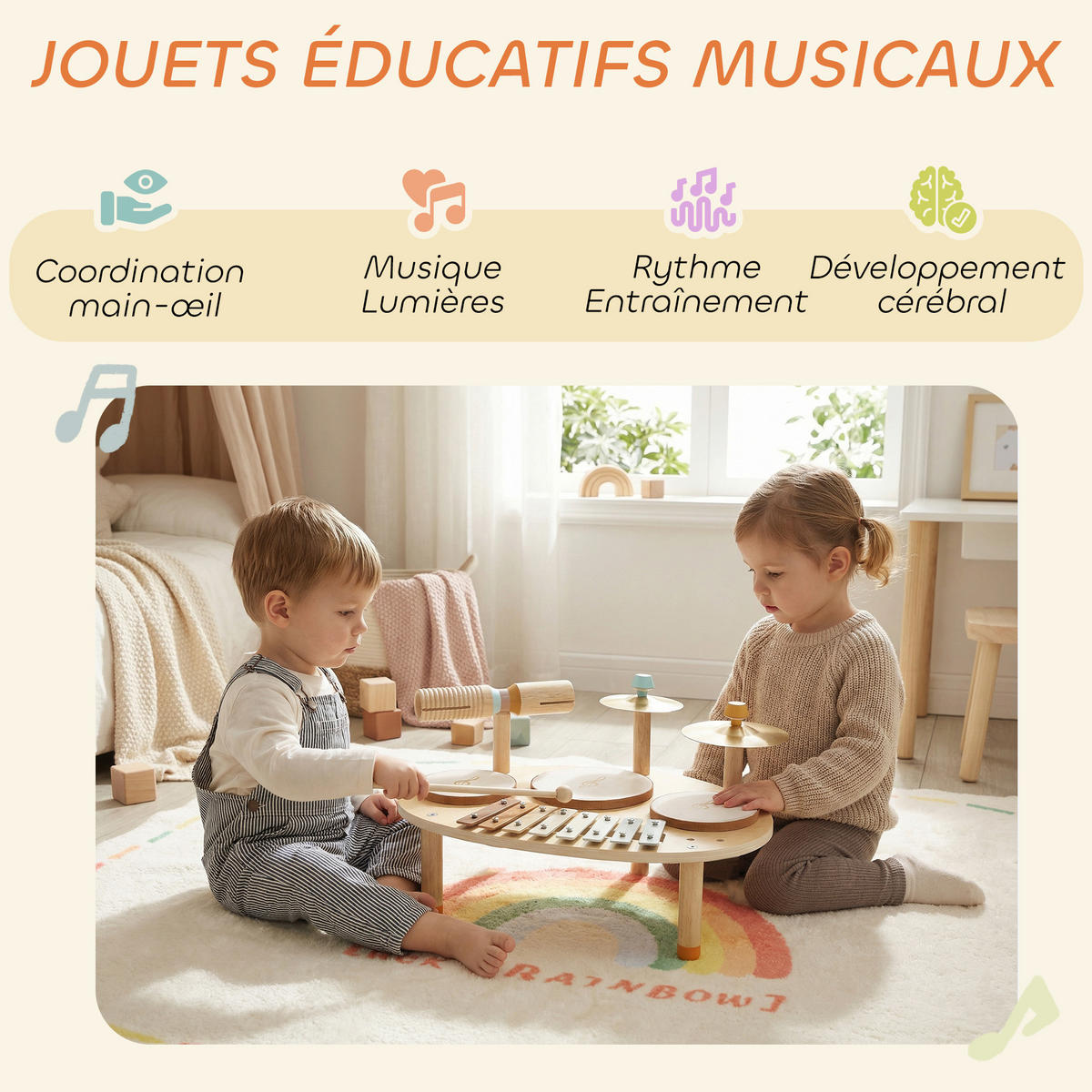 MUSIKSTATION DE-18654 4-in-1 mit Xylophon und Trommeln Natur - Naturfarben, Holzwerkstoff (28.5/23/39.5cm) - ComfortXL