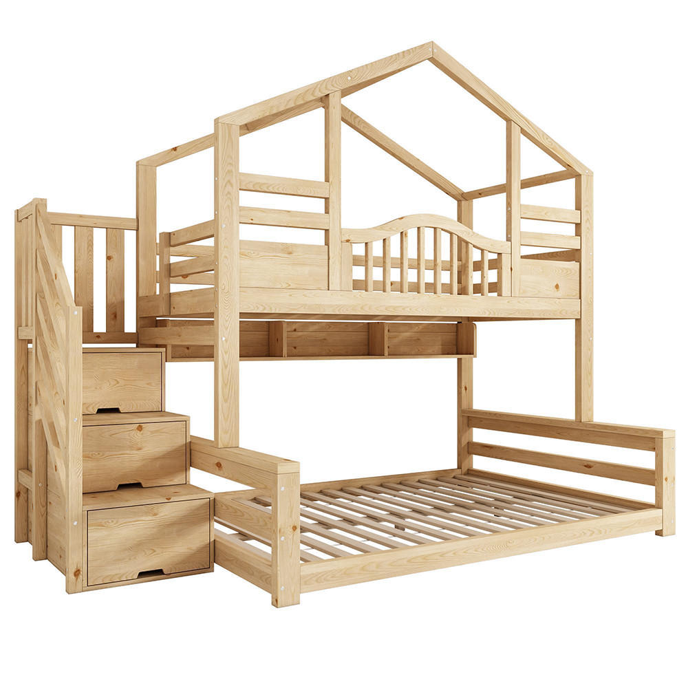 HAUSBETT 90x200 oben 140x200 unten mit Treppenschrank in Hell Natürlich - Naturfarben, Holz (140/200cm) - KOMHTOM