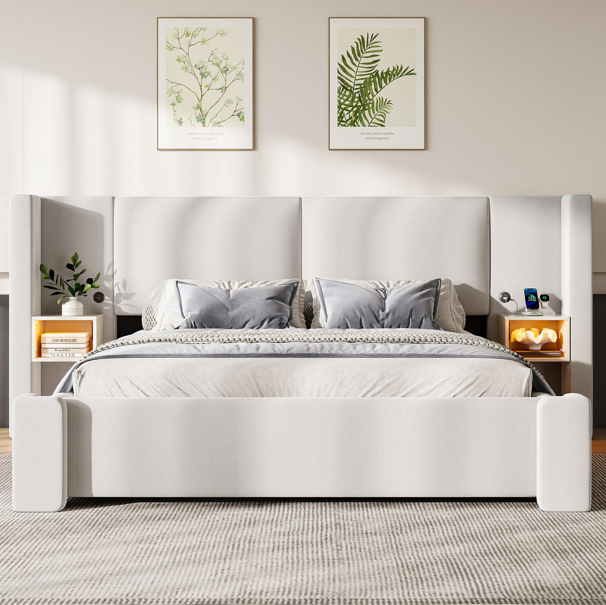 POLSTERBETT aus Leinen und MDF 140x200 cm Beige mit LED-Beleuchtung und hydraulischem Stauraum - Beige, Textil (140/200cm) - Modfu