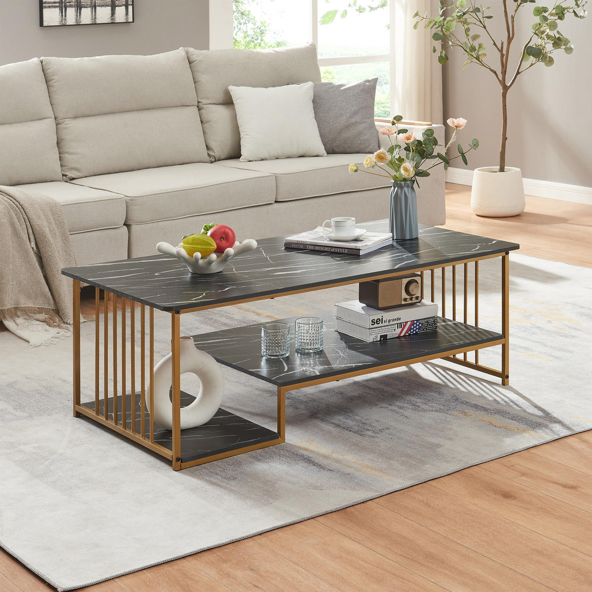 KONFERENČNÍ STOLEK Klibro 120/60/42 cm - černá/zlatá, kov/kompozitní dřevo (60/120/42cm) - [en.casa]