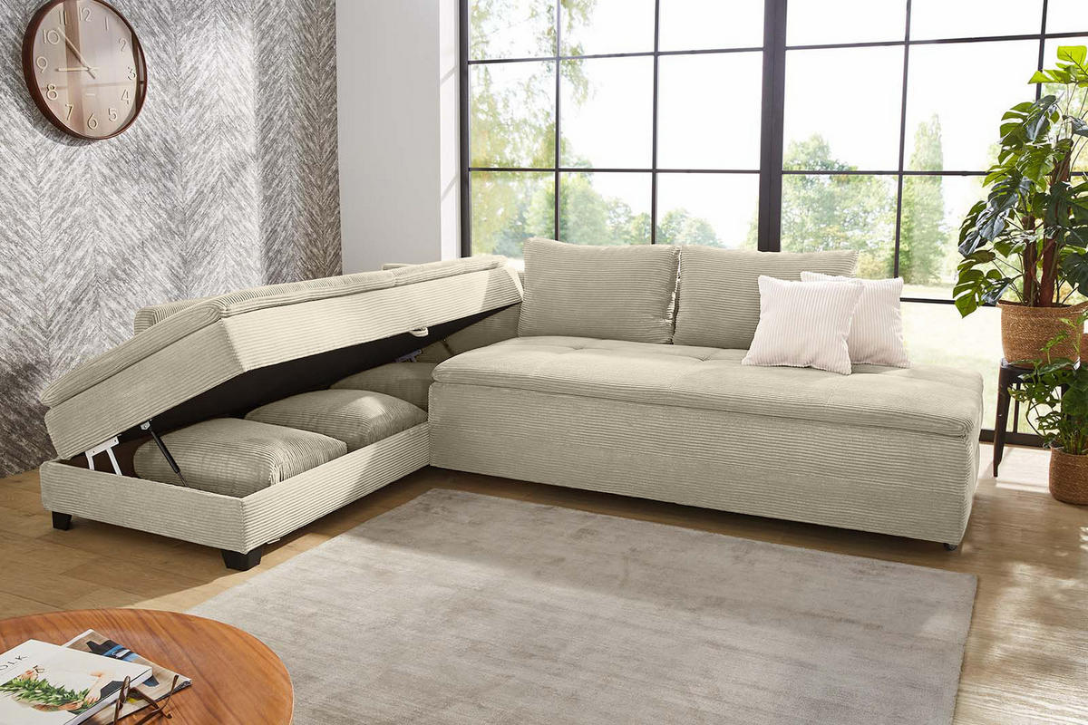 ECKSOFA-DAUERSCHLÄFER Doppelbett Boxspring Federkern Topper, seitenverkehrt montierbar B306/T223/H95 cm, Cord Beige Grau / 15161 - Greige/Beige, Kunststoff/Textil (306/223cm) - luma-home