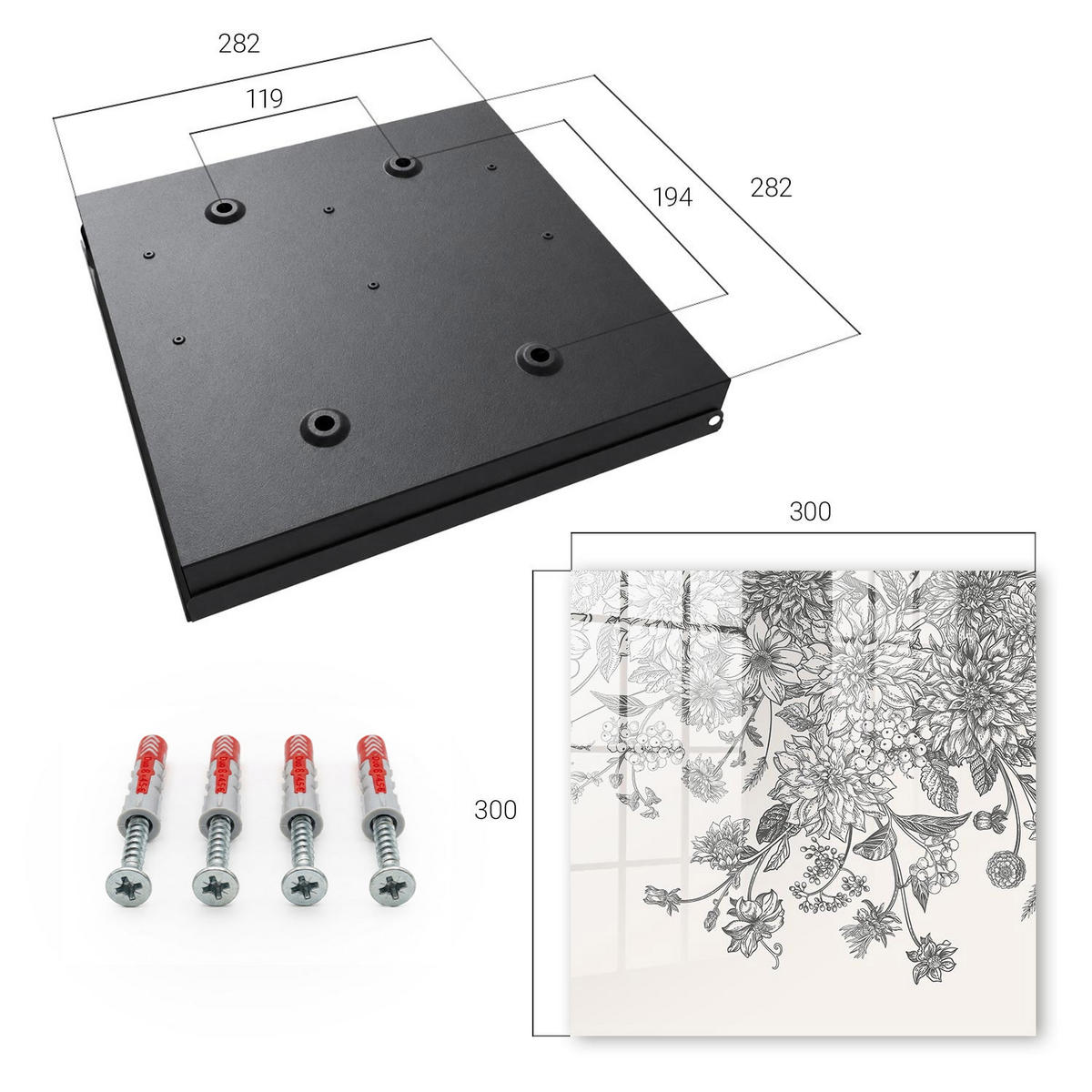 SCHLÜSSELBOX Schwarz 30x30 cm- Türöffnung nach rechts - Florale Eleganz - Schwarz, Metall (30/30/5cm) - TULUP