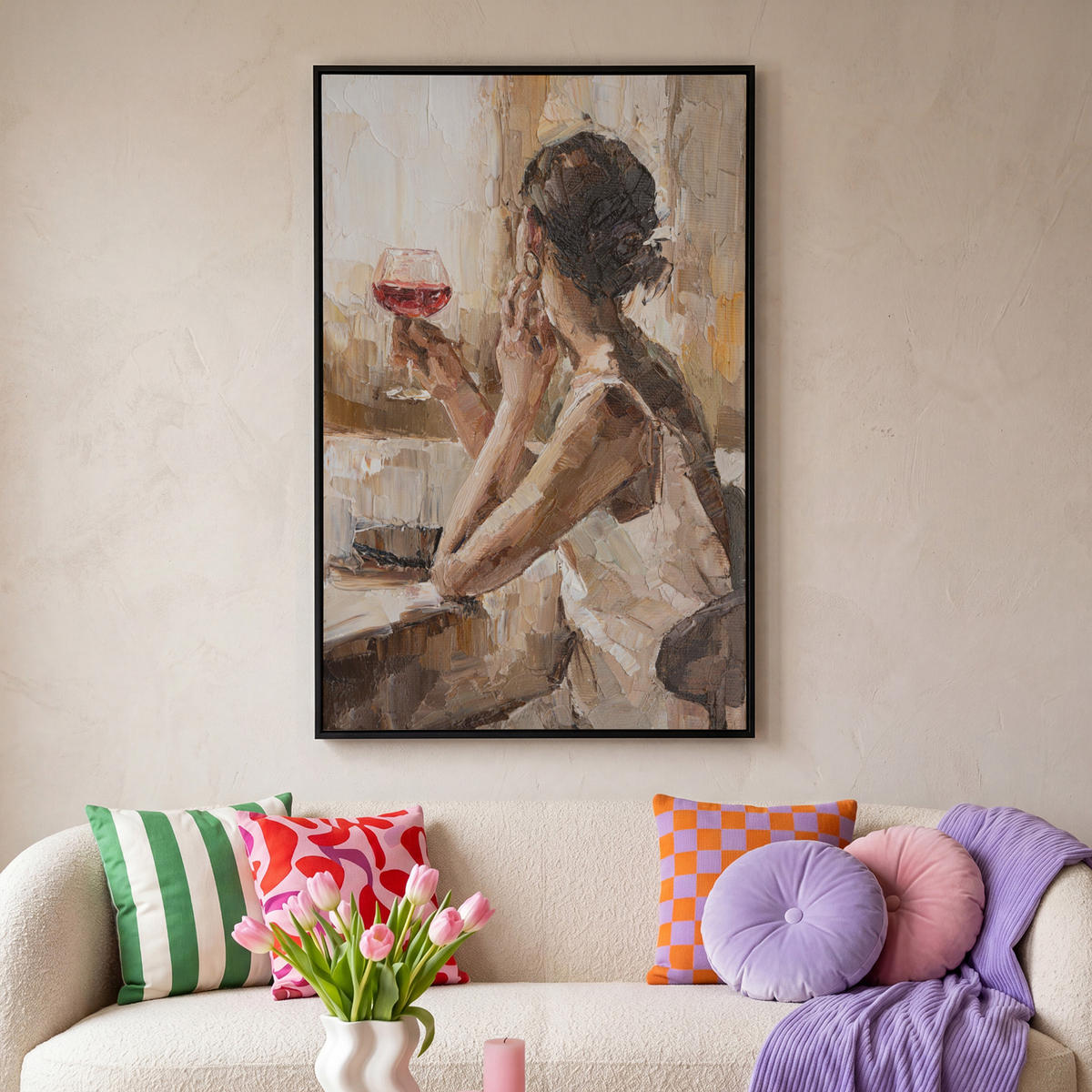LEINWAND Bilder mit Rahmen - Ölgemälde - Frau - Wein - 100x150 - Hellbraun, Textil (100/150cm) - MuchoWow