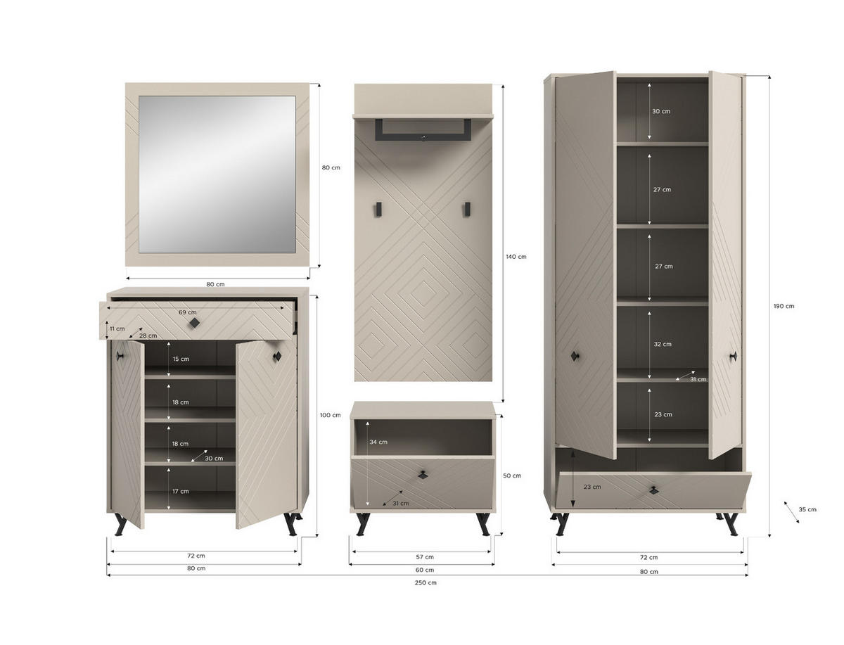 GARDEROBE Set 5-teilig Sand matt 250 cm, Garderobenkombination mit Fräsungen - Sandfarben/Beige, Glas/Holzwerkstoff (250/190/35cm) - Inn.Furn