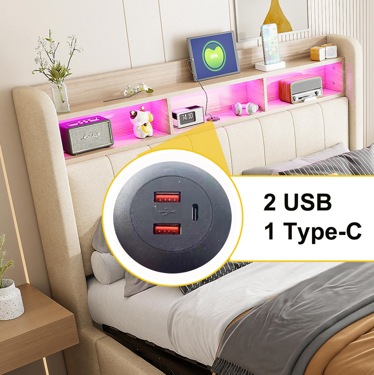 POLSTERBETT 180/200 cm mit LED-Beleuchtung, USB-C, Stauraum und hydraulischem Bettkasten, Beige - Beige, Textil (180/200cm) - Redom