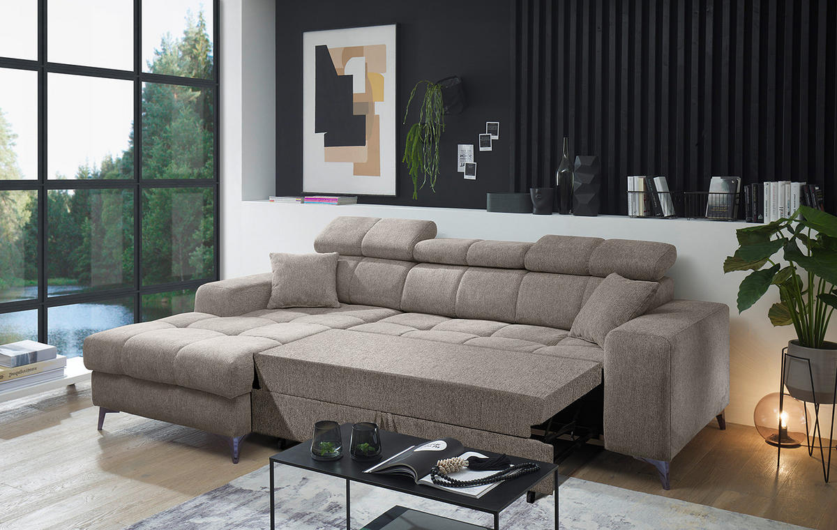 ECKSOFA mit Longchair - Kopfstütze verstellbar, Schlaffunktion, Bettkasten - Taupe/Schwarz, Kunststoff/Textil (268/172cm) - home24