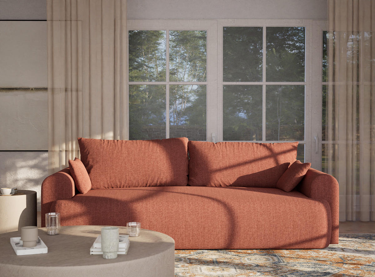 SOFA MIT SCHLAFFUNKTION Toluca Korallenfarbe Webstoff - Koralle/Schwarz, Holz/Holzwerkstoff (247/69/104cm) - Maison de Reve
