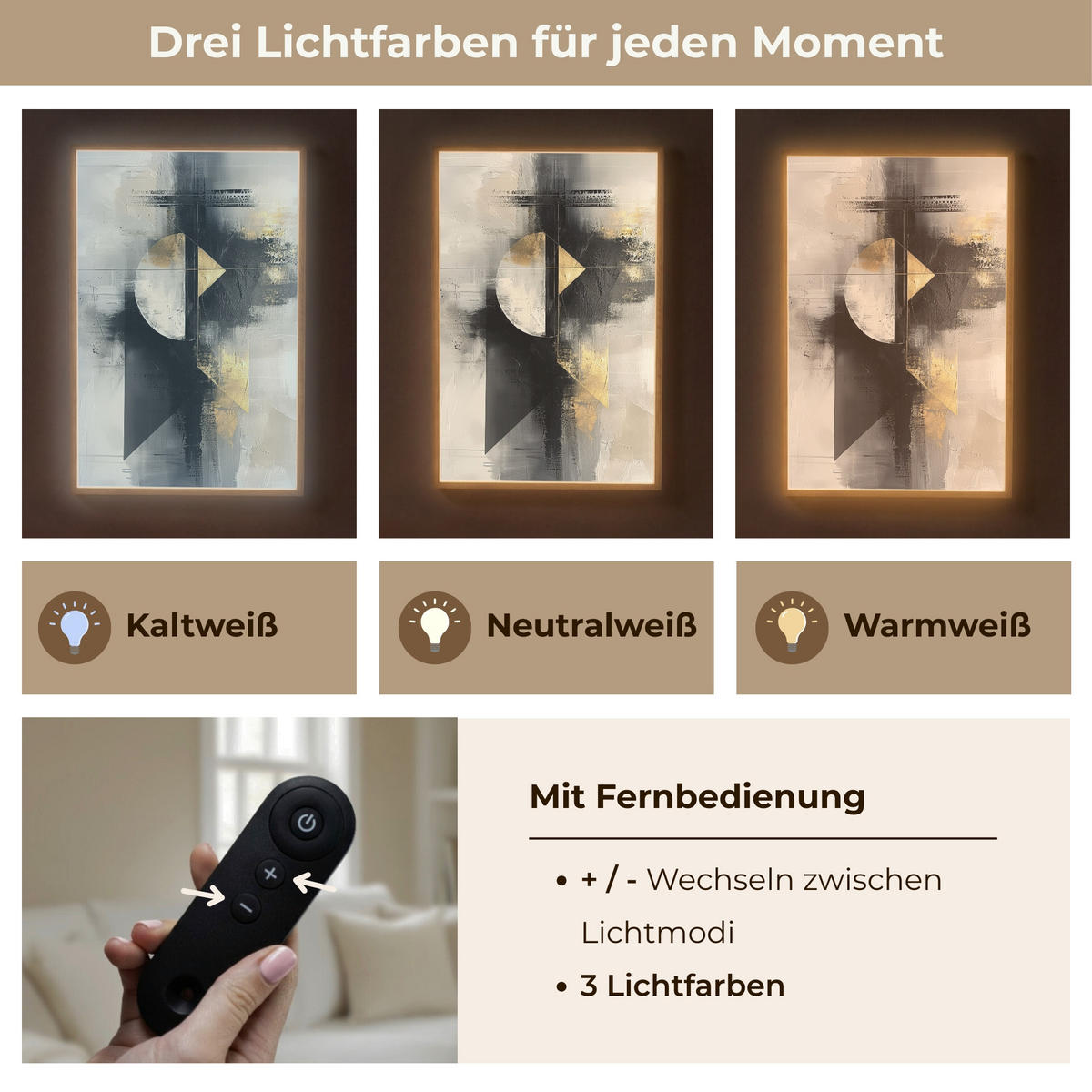 WANDLEUCHTE MIT AKKU Abstrakt - Schwarz - Farbe - Modern 60x90 cm - Grau, Holzwerkstoff (60/90/8cm) - OnlyWow