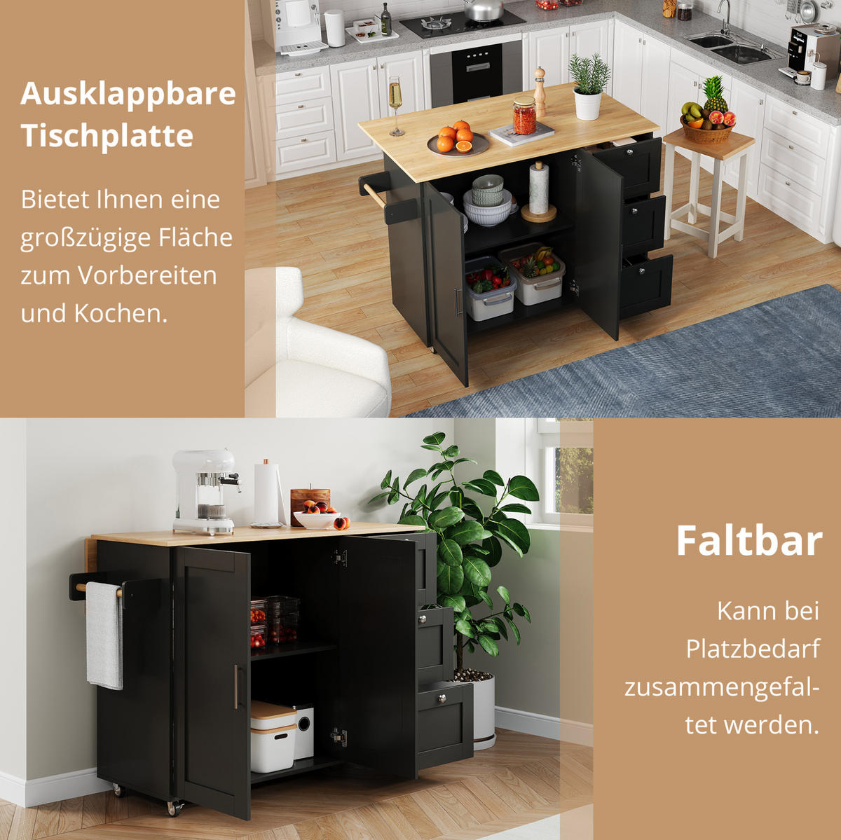 KÜCHENINSEL 135/44(70)/90 cm aus MDF mit klappbarer Arbeitsplatte, 3 Schubladen und Rollen, Schwarz/Natur - Schwarz, Holzwerkstoff (135/90/44cm) - Redom