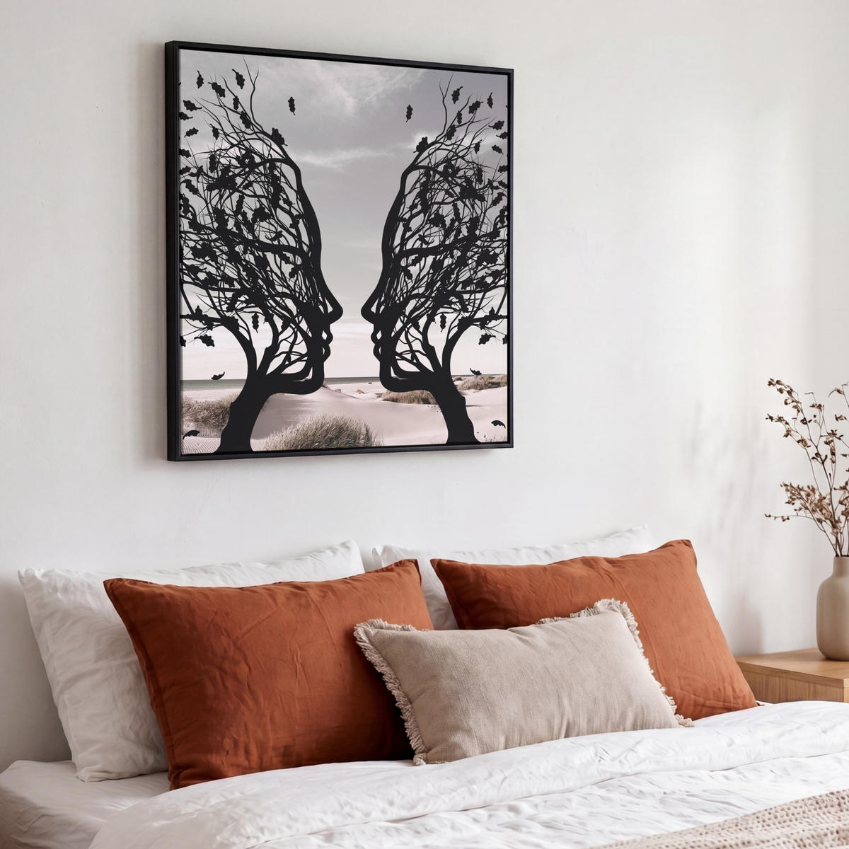 LEINWAND Bilder mit Rahmen - Strand - Meer - Menschen - Baum - Moderne Kunst - 50x50 - Hellgrau, Textil (50/50cm) - MuchoWow