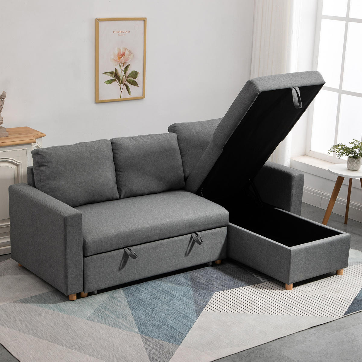 ECKSOFA Grau mit Schlaffunktion und Bettkasten - Grau, Textil (211.5/146cm) - PANGIVO