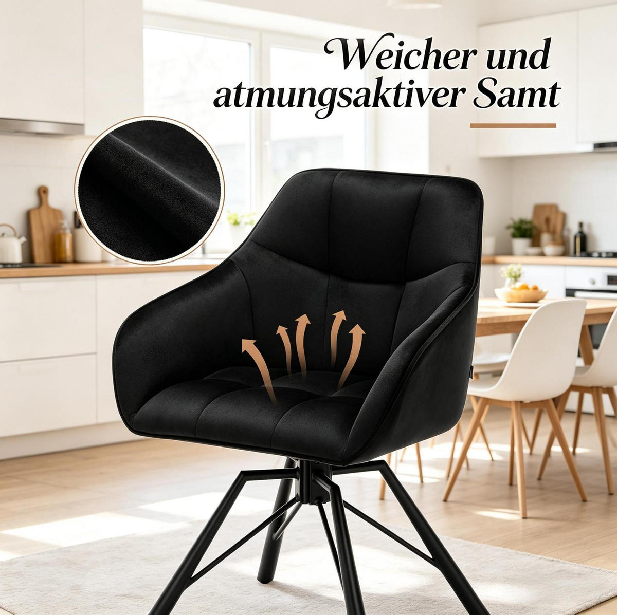 ESSSTUHL 2er-Set drehbar Samt Schwarz - Schwarz, Metall (54/82.5/57cm) - Meubliv