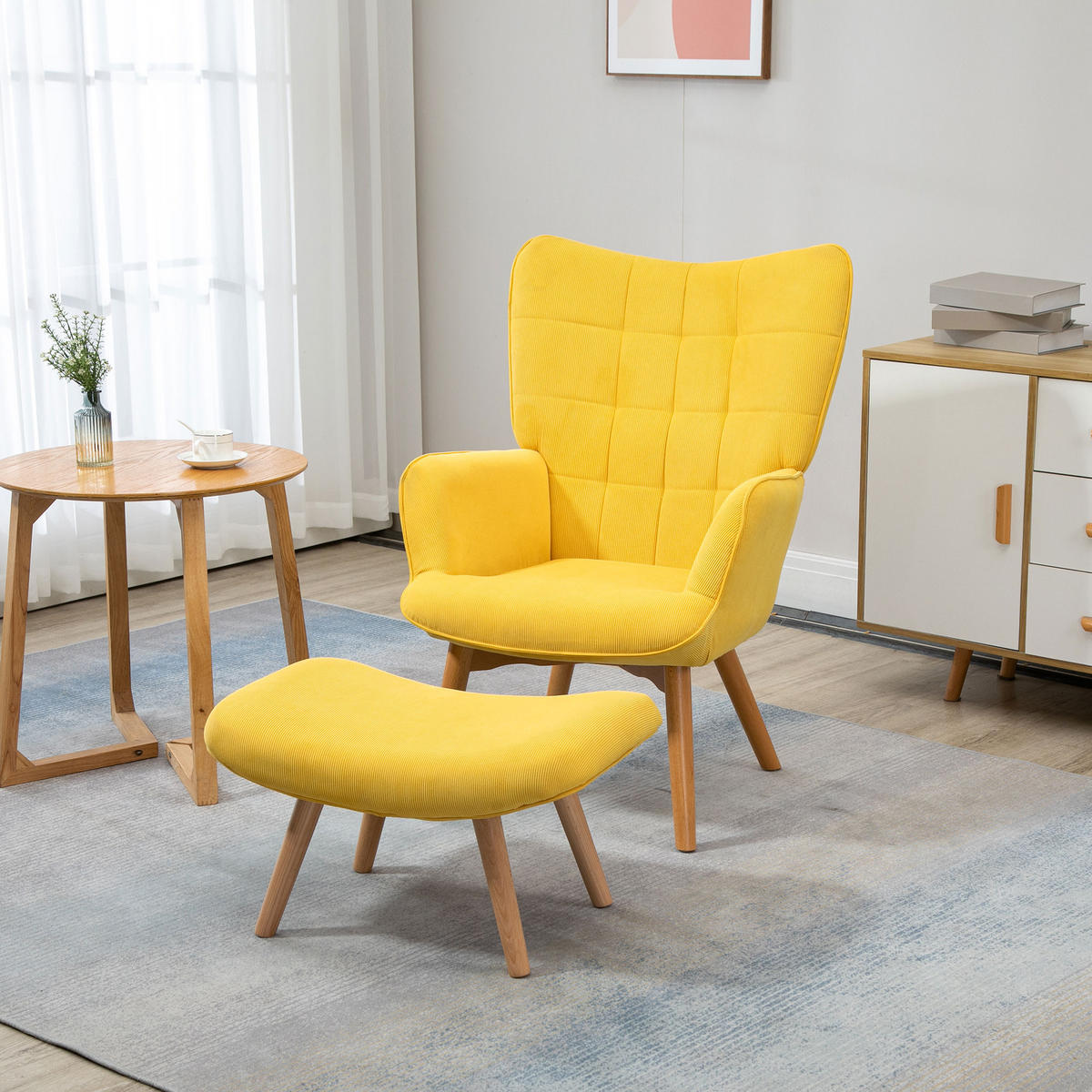 OHRENSESSEL mit Hocker, Relaxsessel, Polstersessel in Cord-Optik, mit Holzbeine - Gelb, Holz (80/101/72cm) - HOMCOM