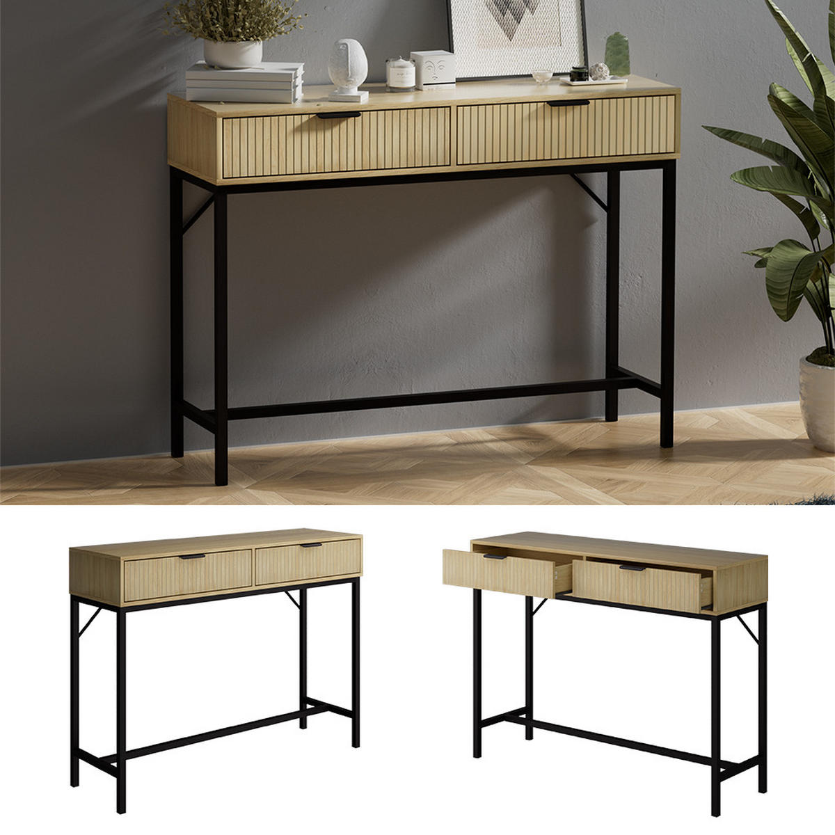 KONSOLENTISCH Lennox Eiche 100 x 75 cm mit 2 Schubladen - Eichefarben/Schwarz, Holzwerkstoff (30/100/75cm) - Vicco