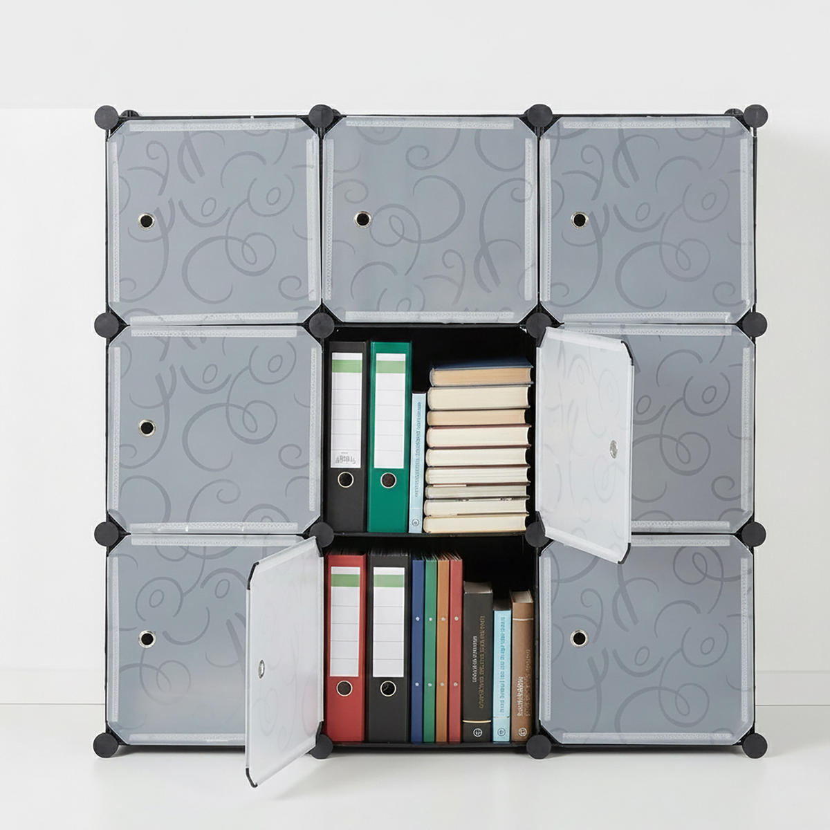 REGALSYSTEM Schwarz 9 Fächer mit Türen 95,5 cm - Multicolor, Kunststoff/Metall (95.5/95.5/32cm) - Relaxdays
