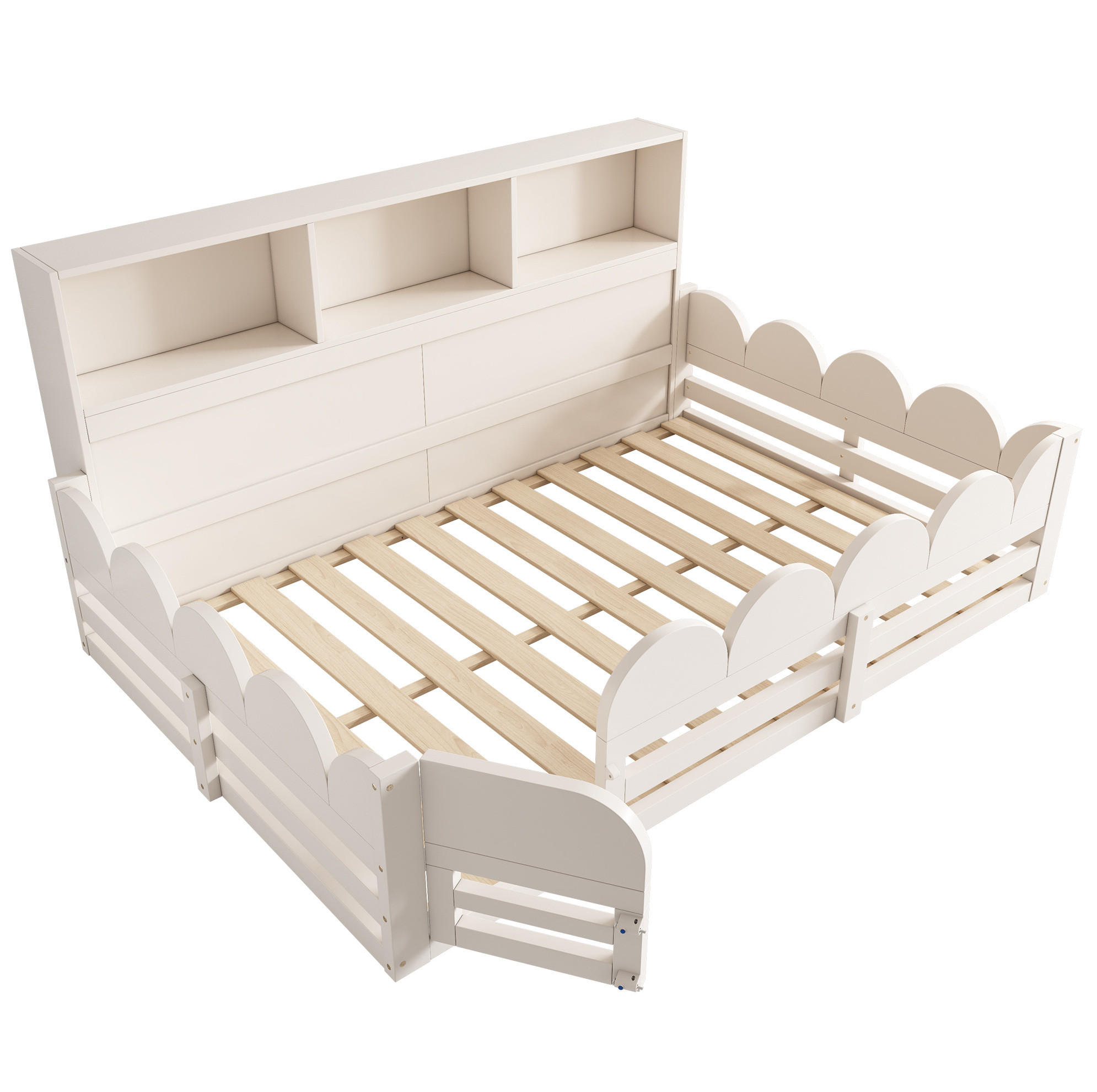 KINDERBODENBETT 140/200 cm aus Holz mit Rausfallschutz Tür und Regal Weiß - Weiß, Holz (90/200cm) - Modenvie