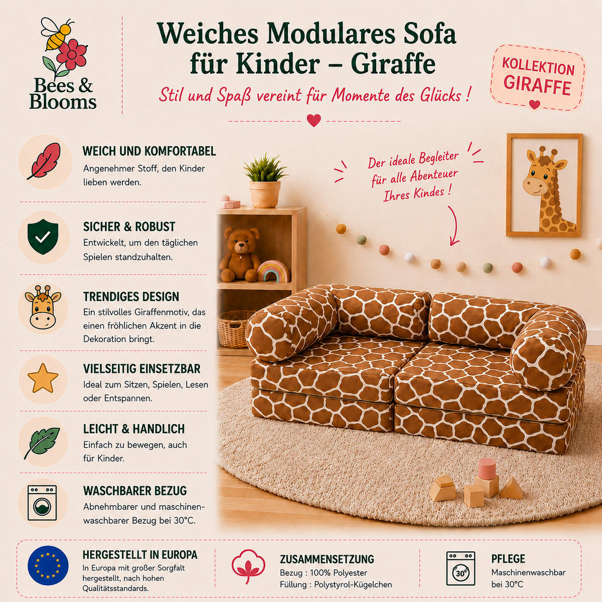 MODULARES Kindersofa Giraffe – weiches Spielsofa zum Spielen und Entspannen - Braun, Textil (142/25/71cm) - Bees & Blooms