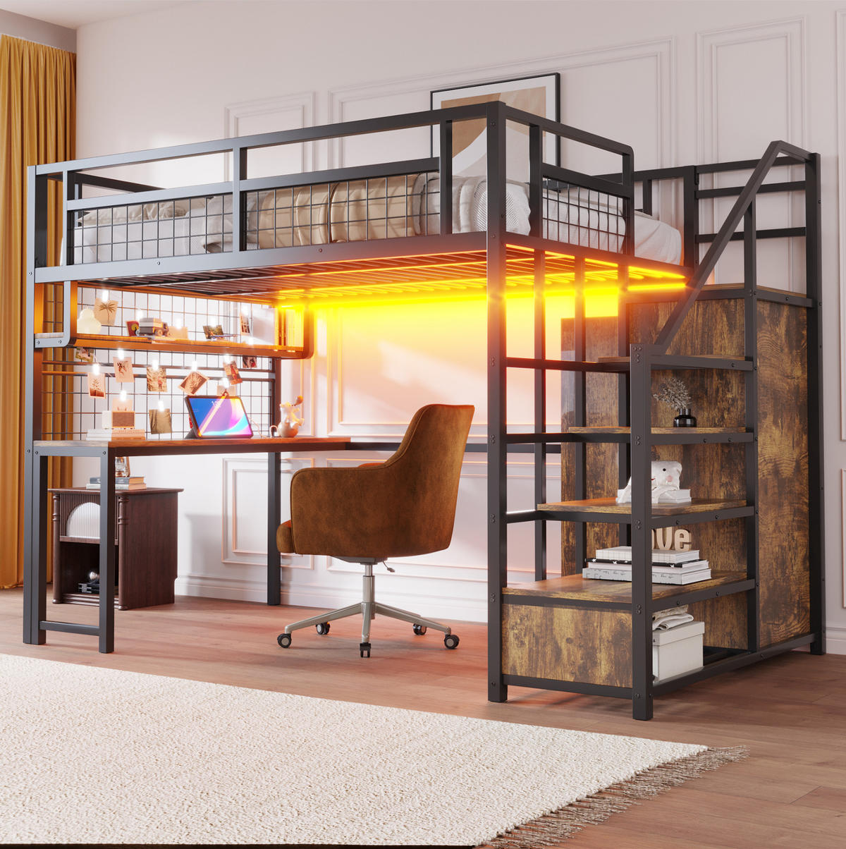 HOCHBETT 140/200 cm aus Metall und MDF mit Schreibtisch, Stauraumtreppe und Kleiderschrank Schwarz - Schwarz, Metall (140/200cm) - Modenvie