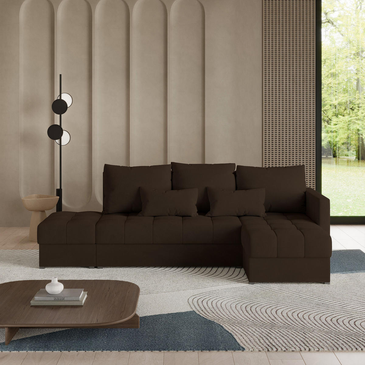 ECKSOFA LUMARI R-S Braun Plüsch-Stoff mit Schlaffunktion - Braun, Holz (262/143cm) - MASSENO