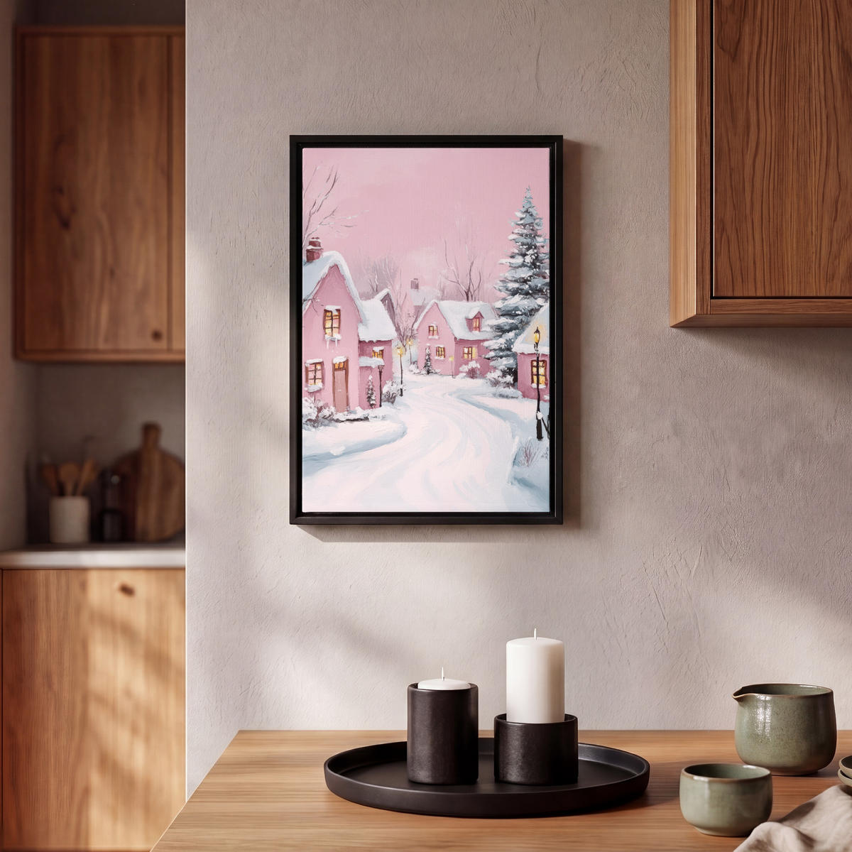LEINWAND Bilder mit Rahmen - Weihnachtsdorf - Rosa - Winter - Schnee - Häuser - 20x30 - Altrosa, Textil (20/30cm) - MuchoWow