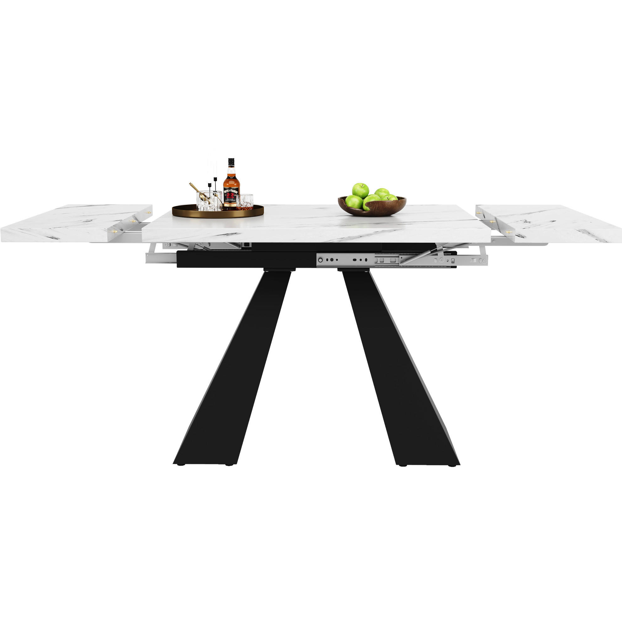 OKWISH JÍDELNÍ stůl 99-159/74/77 cm bílá/černá z MDF a kovu rozkládací s mramorovým dekorem