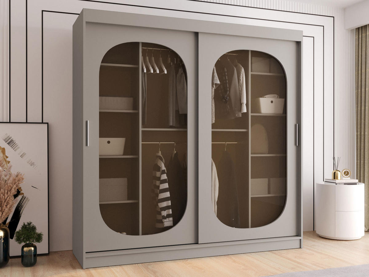 SCHWEBETÜRENSCHRANK Bahrajn 200 mit Schubladen - Kaschmir/Silberfarben, Holzwerkstoff/Kunststoff (200/200/62cm) - MIRJAN24