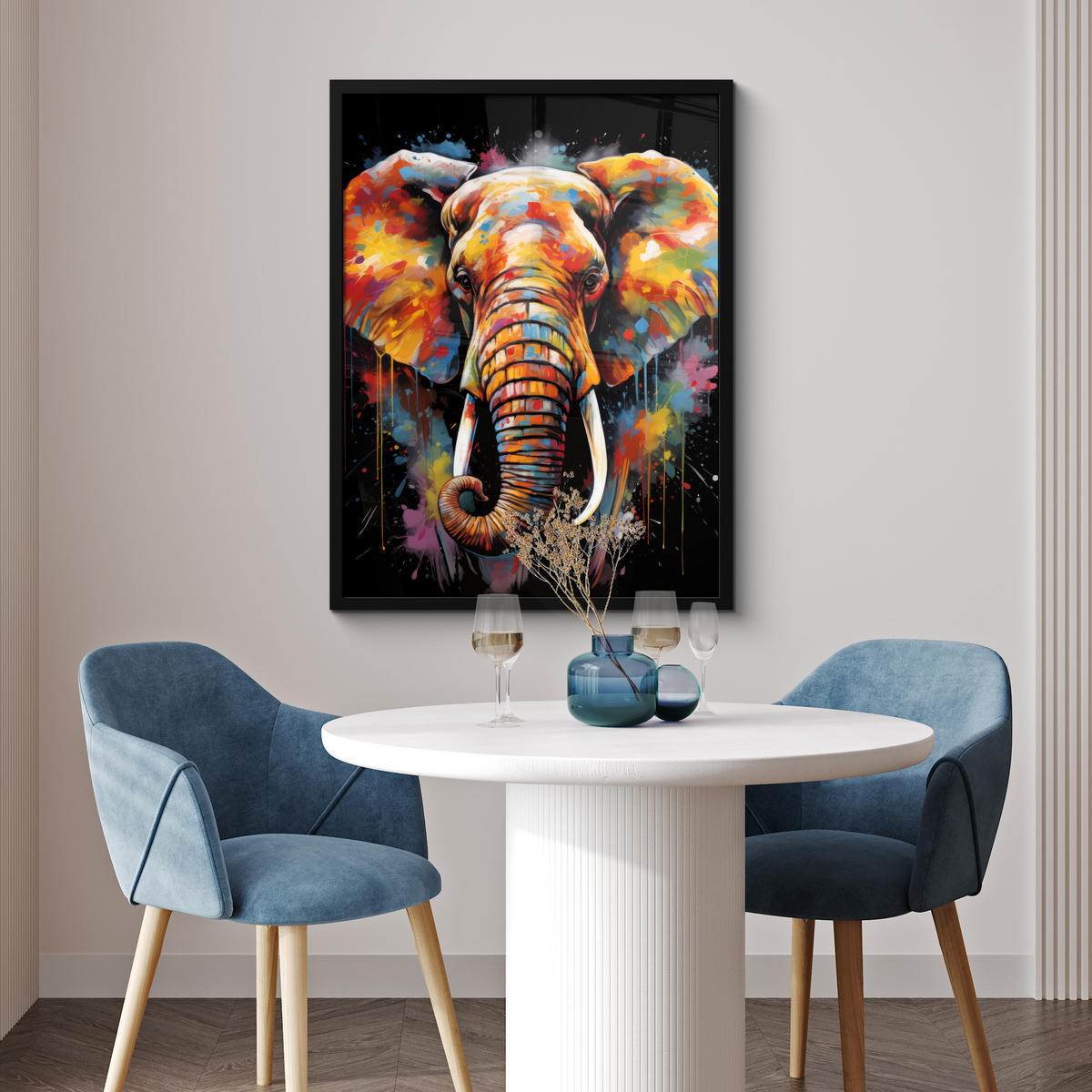 GERAHMTES BILD Elefant - Graffiti - Schwarz - Tiere - Farben 60x80 cm - Schwarz, Papier (60/80cm) - MuchoWow