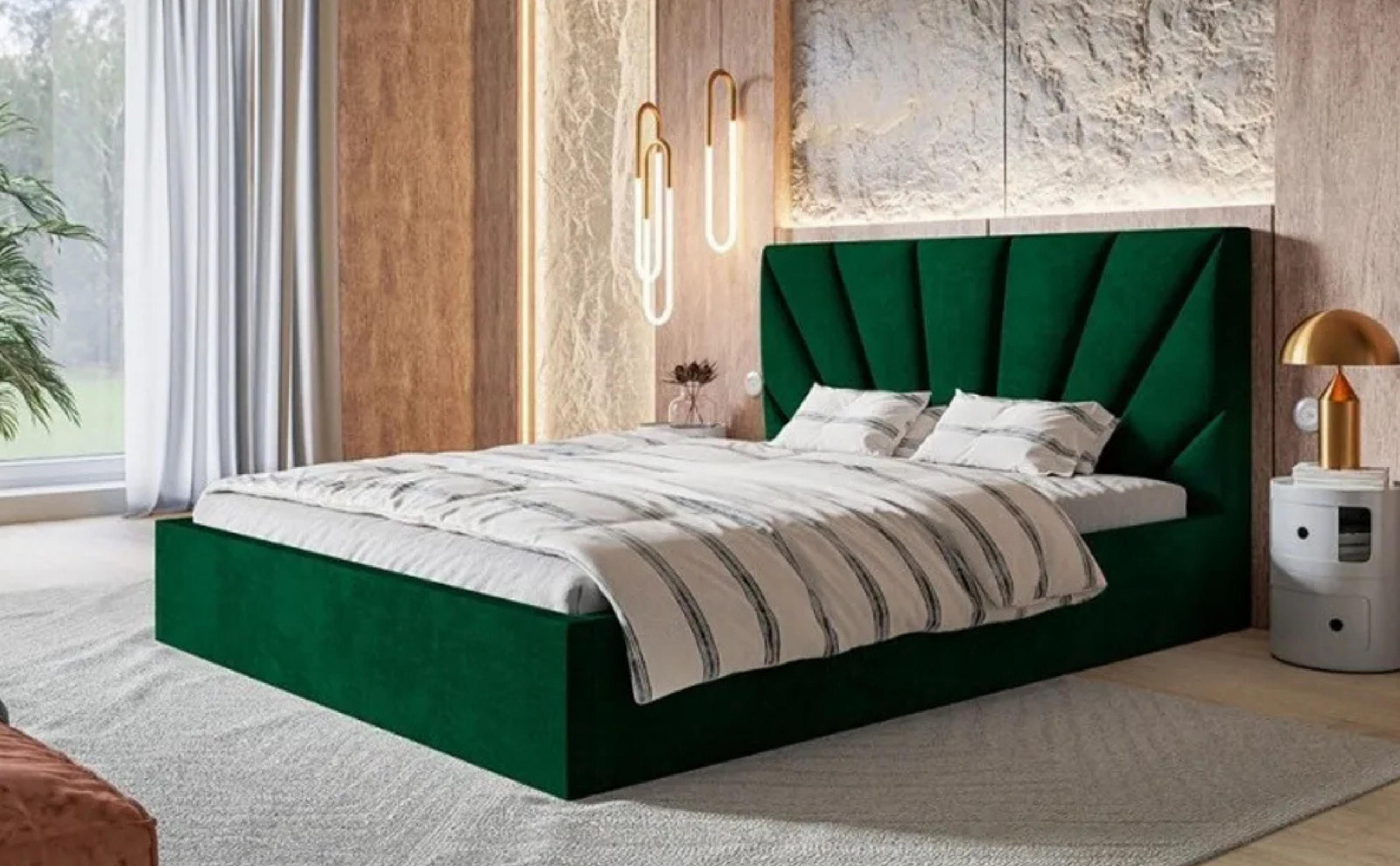 POLSTERBETT SLIM 3 mit Kopfteil, 180x200 cm, Doppelbett mit Bettkasten und Lattenrost aus Holz, Velourstoff, Farbe: Grün - Grün, Holz/Textil (180/200cm) - Sepro Meble