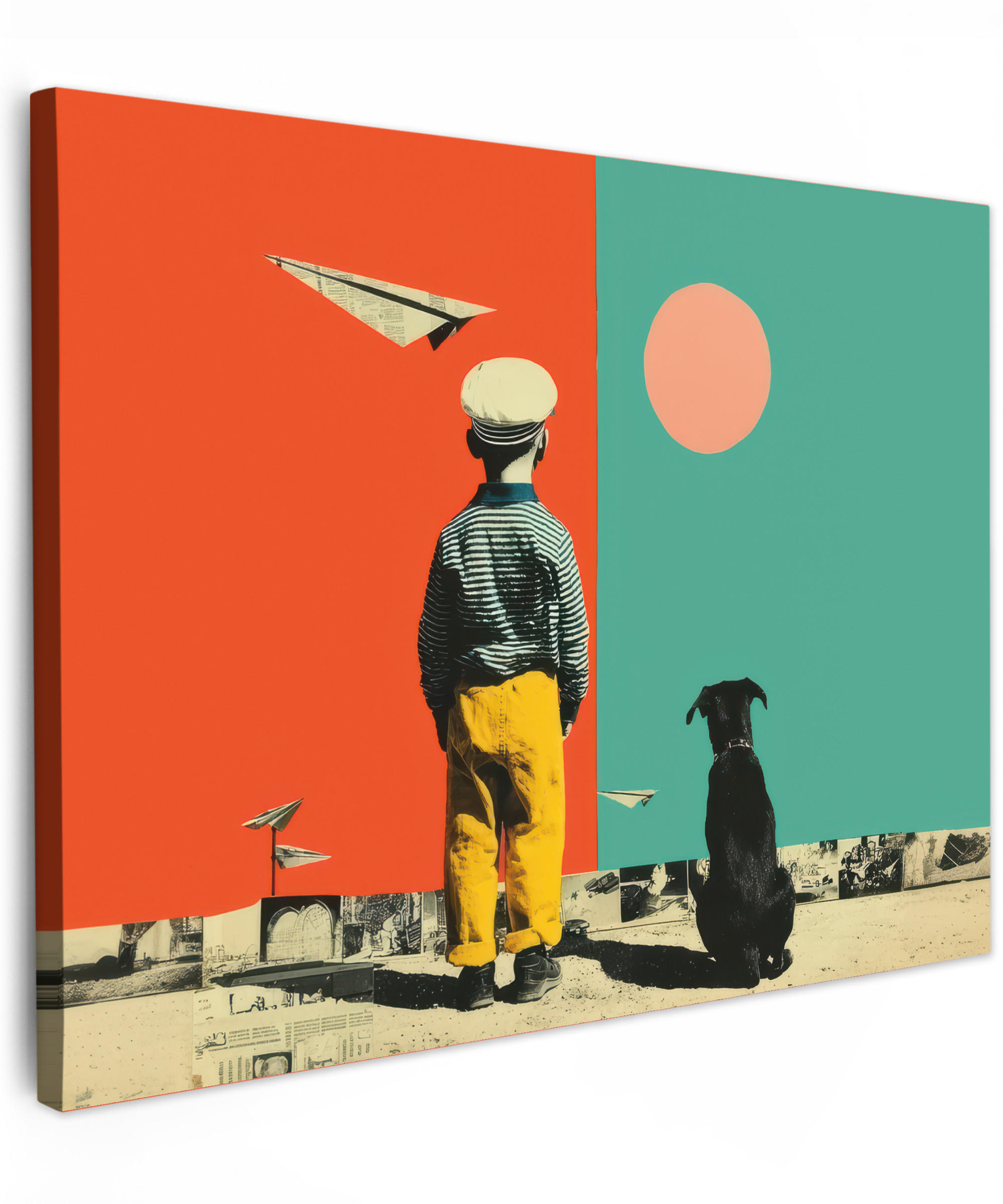 LEINWANDBILD Retro - Junge - Hund - Rot - Grün Wandbild 40x30 cm - Orange, Textil (40/30cm) - MuchoWow