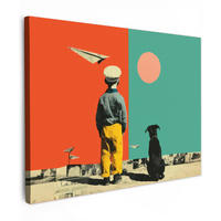 LEINWANDBILD Retro - Junge - Hund - Rot - Grün Wandbild 40x30 cm - Orange, Textil (40/30cm) - MuchoWow