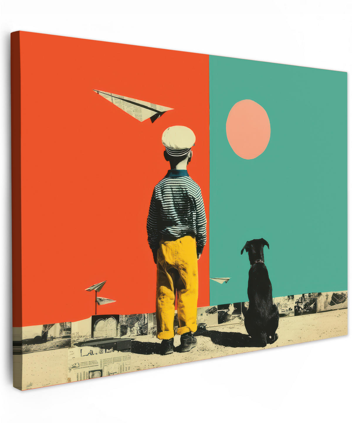LEINWANDBILD Retro - Junge - Hund - Rot - Grün Wandbild 40x30 cm - Orange, Textil (40/30cm) - MuchoWow